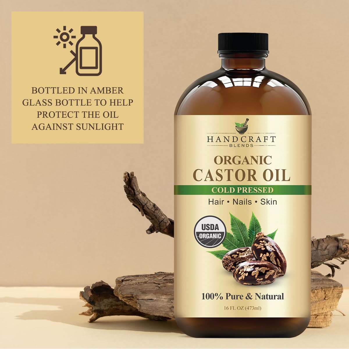 Handcraft Blends Cold-Pressed Organic Castor Oil 16 Fl Oz | Glass Bottle | 100% Pure & Natural | Premium Grade Carrier Oil | Hair, Eyelashes and Eyebrows | Hair and Body