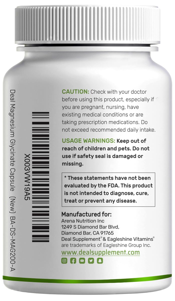 Magnesium Glycinate 1000mg per Serving + Vitamin C – 240 Capsules (Chelated, Easy Absorption)