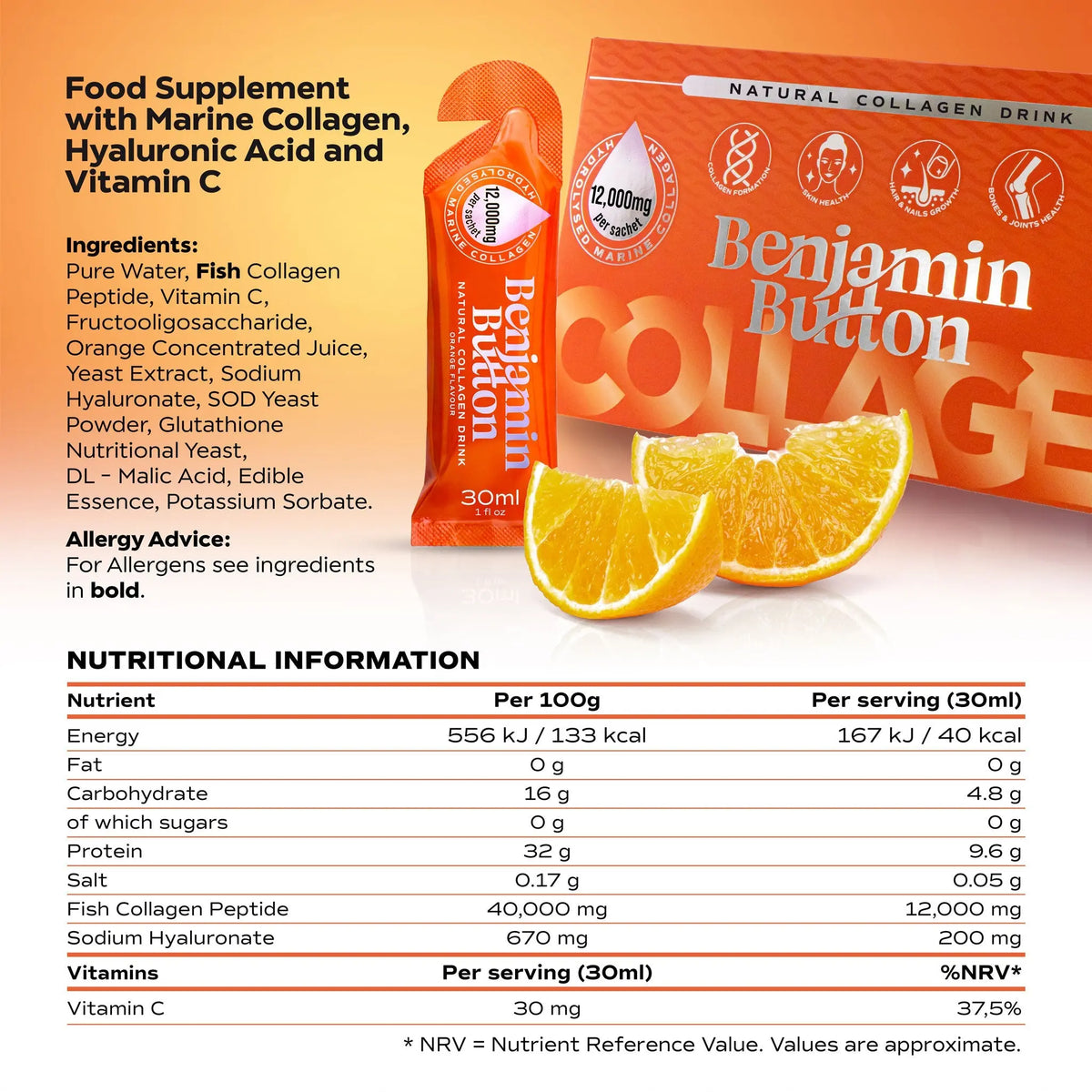 Benjamin Button 12,000mg Marine Collagen Drink - Orange Liquid Sachets Benjamin Button