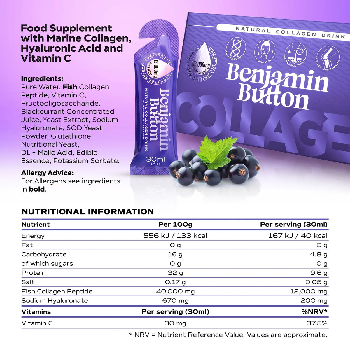 Benjamin Button 12,000mg Marine Collagen Drink - Blackcurrant Liquid Sachets Benjamin Button