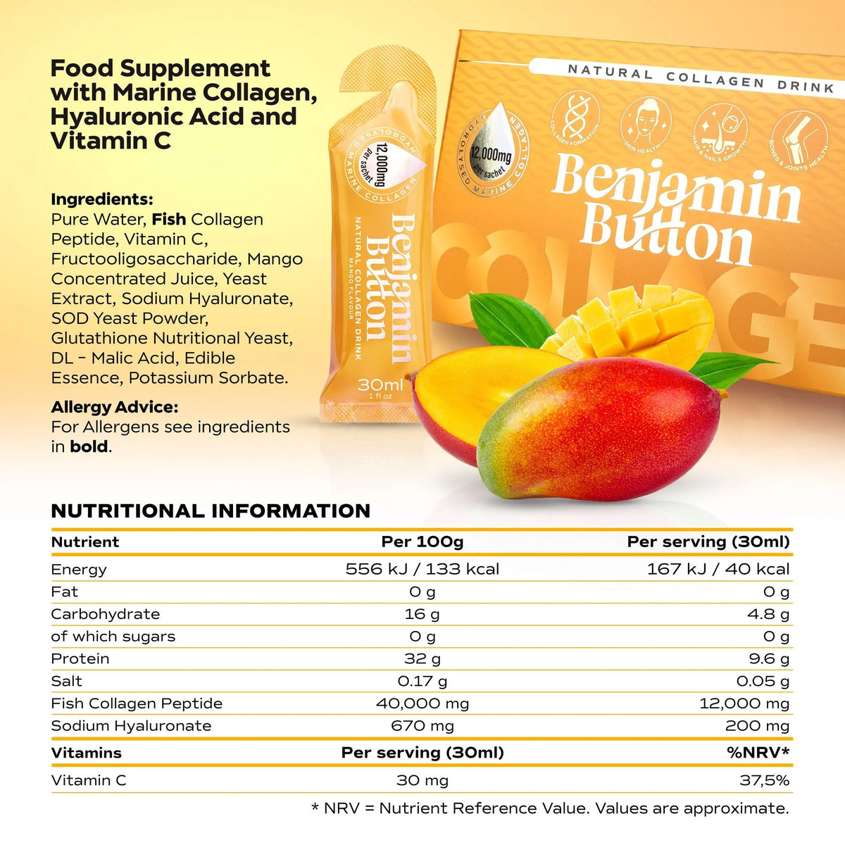 Benjamin Button 12,000mg Marine Collagen Drink - Mango Liquid Sachets Benjamin Button