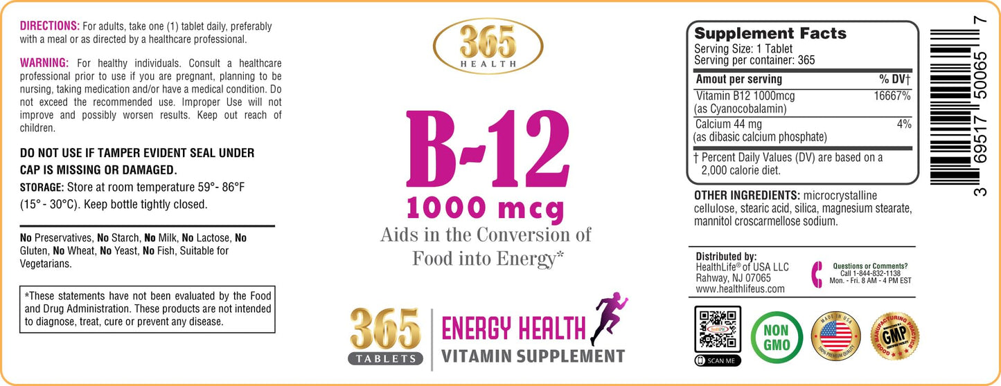 365 Health Vitamin B12 1000mcg Tablets – Energy Metabolism Support (Pack of 2)