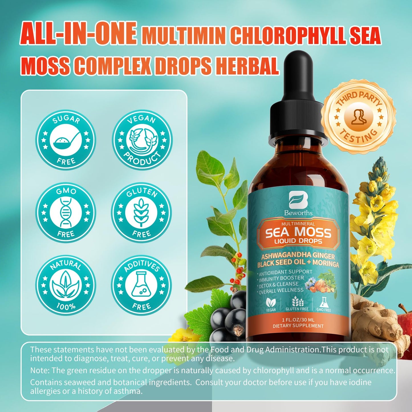 3Pack Sea Moss Drops – Irish Sea Moss Chlorophyll Liquid with Black Seed Oil & Immune Support
