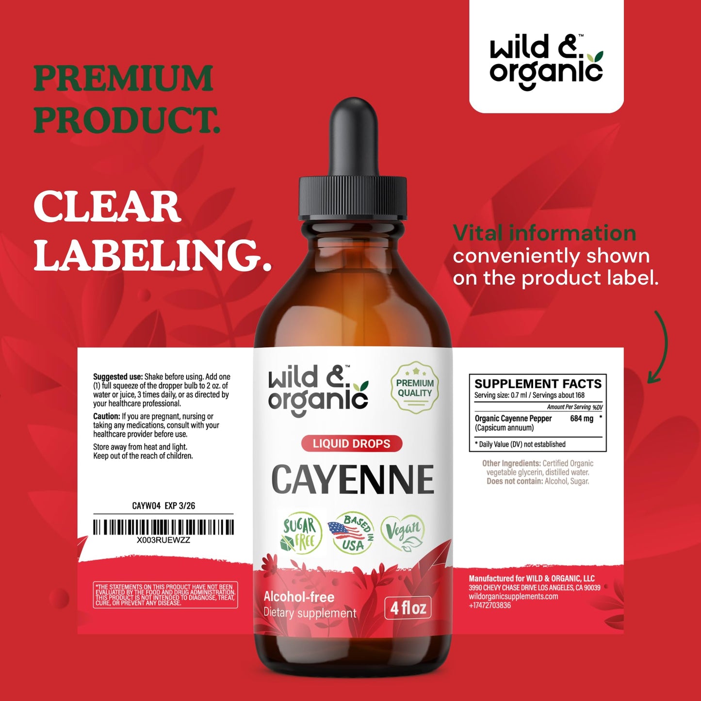 Wild & Organic Cayenne Pepper Tincture - Digestive Support, Vegan & Alcohol-Free - 4 fl oz