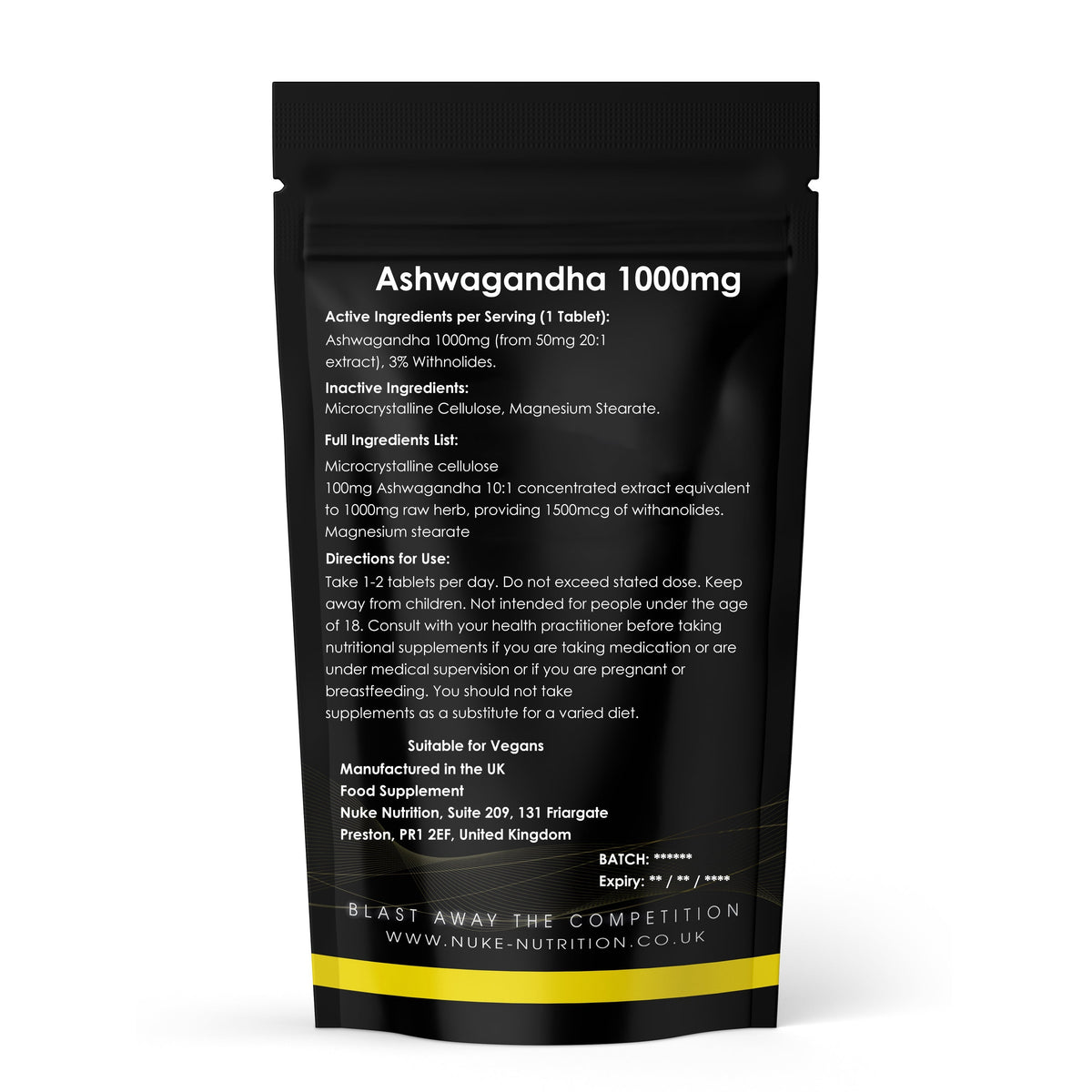 Ashwagandha Stress, Anxiety & Mental Support Strong Herbal Extract 1000mg Strength Tablets 3% Withanolides Nuke Nutrition