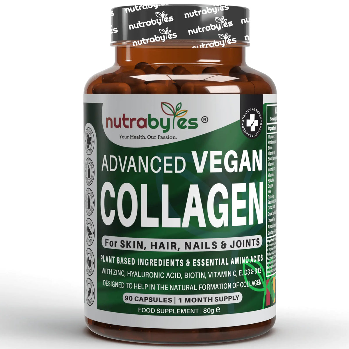 Advanced Vegan Collagen | Plant-Based Ingredients Including Essential Amino Acids | 90 Capsules | 1 Month | Hair, Skin, Nails and Joints | Collagen Supplements for Men & Women NUTRABYTES
