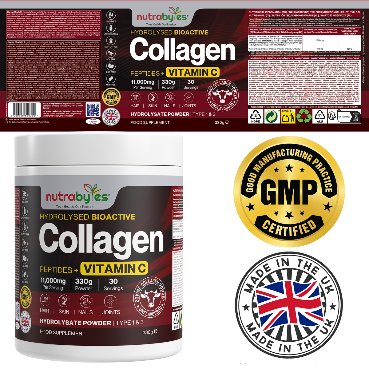Collagen Powder with Vitamin C | Hydrolysed Bovine Collagen Peptides | High-Protein Supplement | Hair, Skin & Joints | Men & Women | Unflavoured | 330g NUTRABYTES