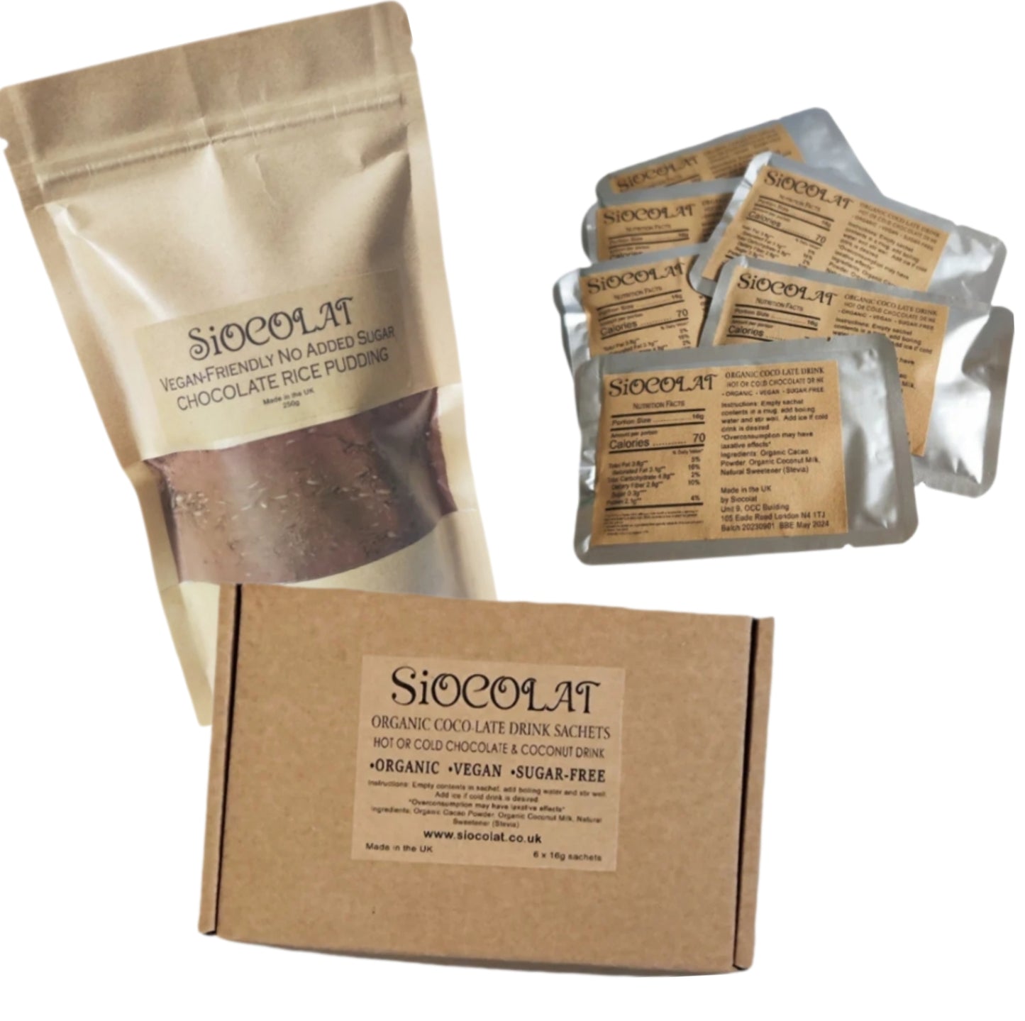 Vegan-Friendly Duo Pack featuring Sugar-Free Hot Chocolate and Champorado Rice Porridge Mix, displayed in eco-friendly packaging with rich chocolate and rice ingredients.