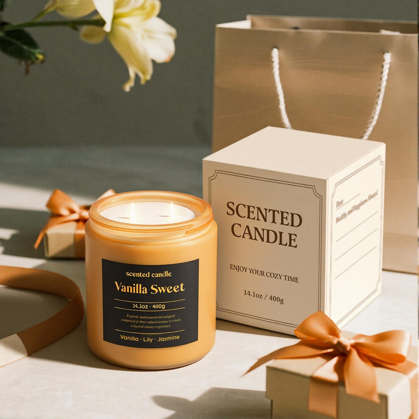 CHILLFLAME Vanilla Candle 14.1 oz - 2-Wick Scented (Vanilla, Lily, Jasmine)