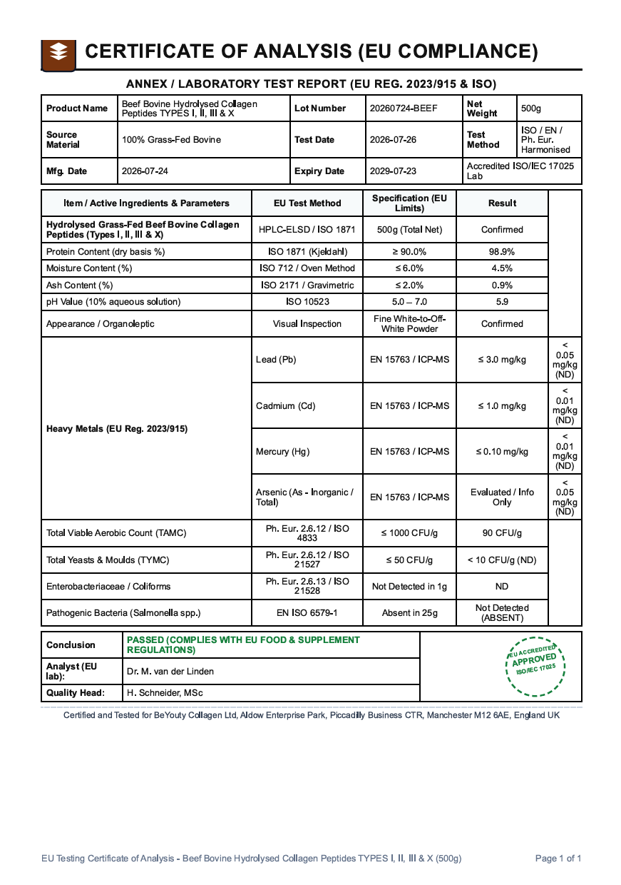 Pure Hydrolysed Bovine Collagen Peptides TYPE I, II, III & X - 500g BeYouty Collagen™