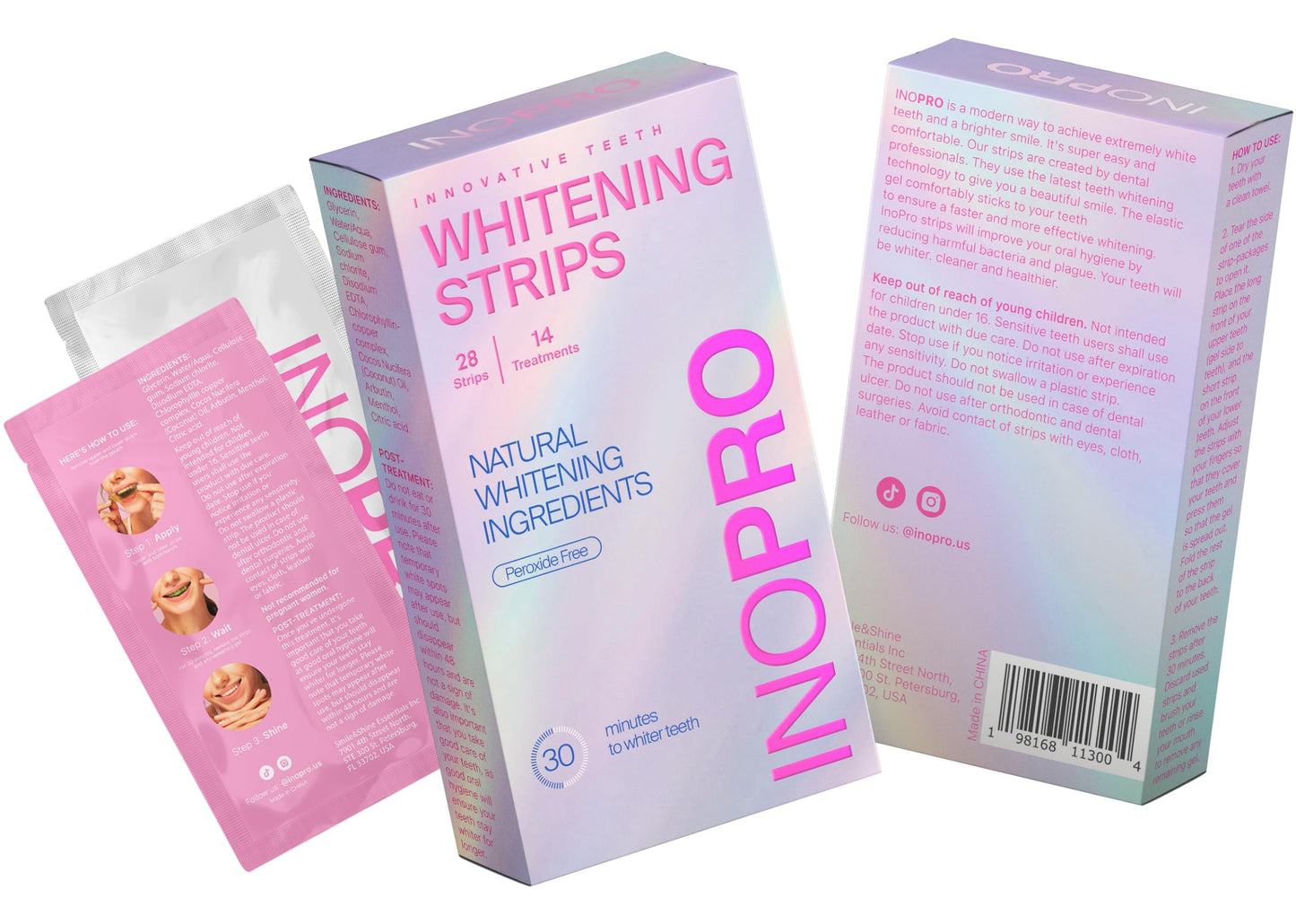 InoPro Teeth Whitening Strips Kit – Enamel Safe, Peroxide-Free, 28 Strips