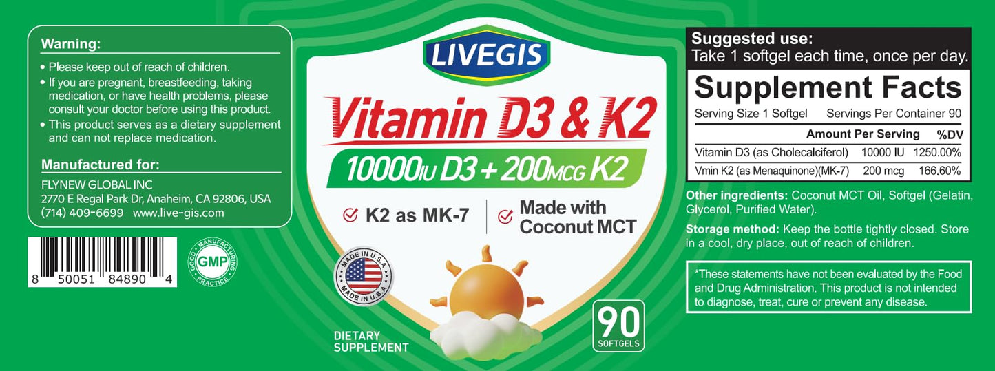 LIVEGIS Vitamin D3 K2 Softgels - 10000 IU D3 + 200 mcg MK-7 with Coconut Oil, 90 Count