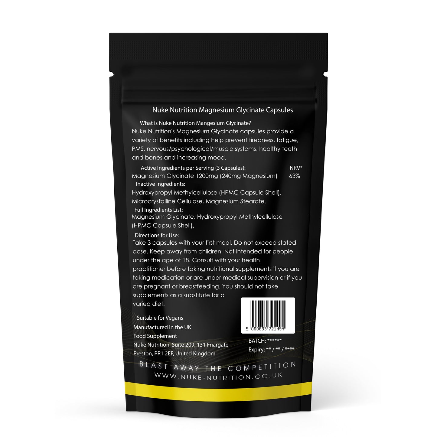 Magnesium Glycinate Capsules 1200mg Serving - Fibromyalgia,Tiredness, Fatigue, PMS, Healthy Bones