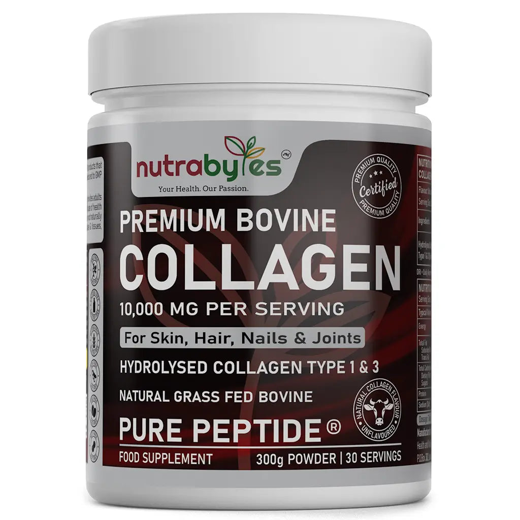 Premium Bovine Collagen Supplement Powder, 10,000 mg Pure Hydrolysed Collagen Peptides, Blended with 19 Amino Acids, Unflavoured Collagen Protein Powder Types 1 and 3, Halal & Kosher NUTRABYTES