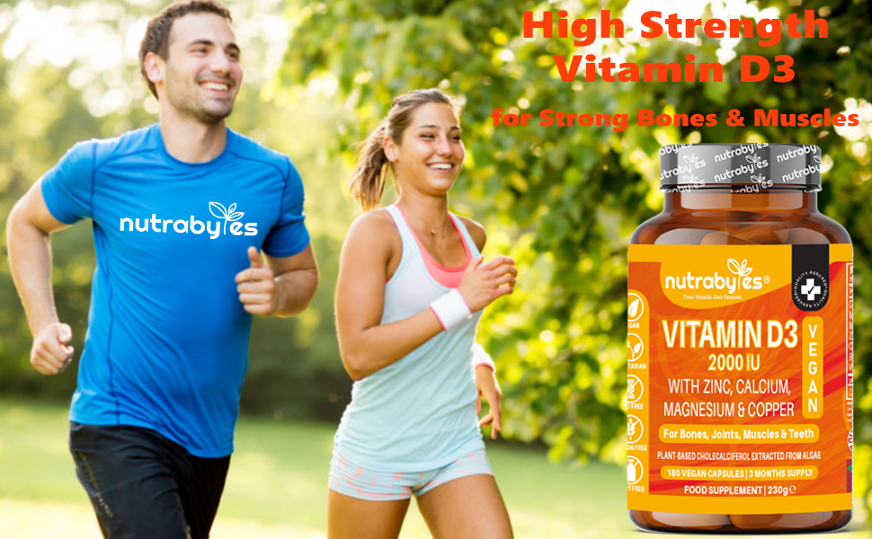 Vegan Vitamin D3 2000 IU with Calcium, Magnesium, Zinc & Copper | 180 capsules, 3 months supply | Made in the UK NUTRABYTES