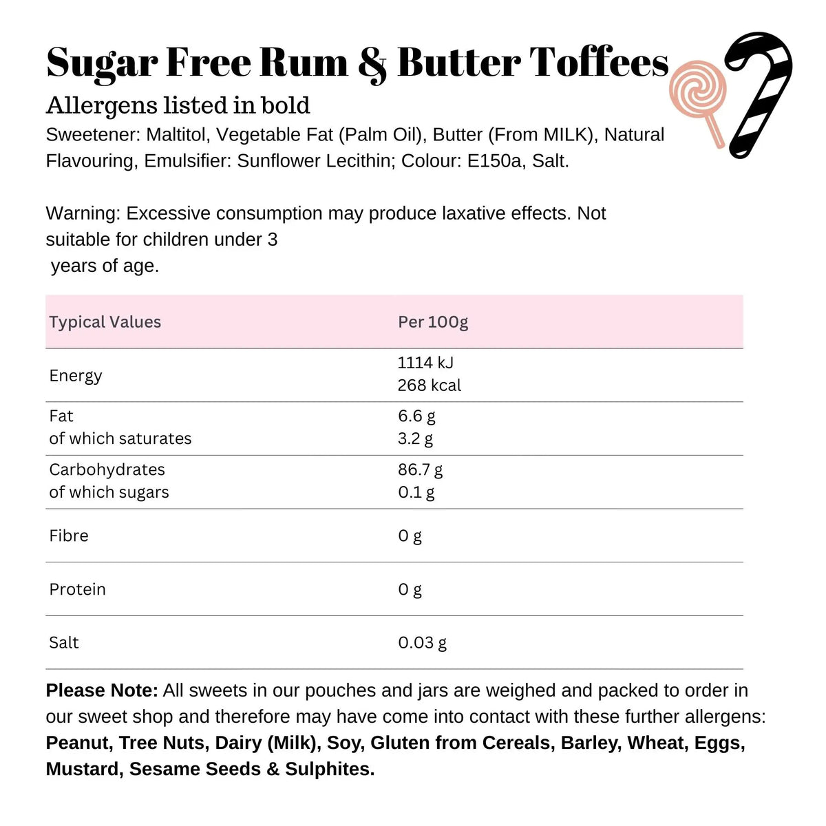 Sugar Free Rum & Butter Toffees Giant Bradley's Online Sweet Shop