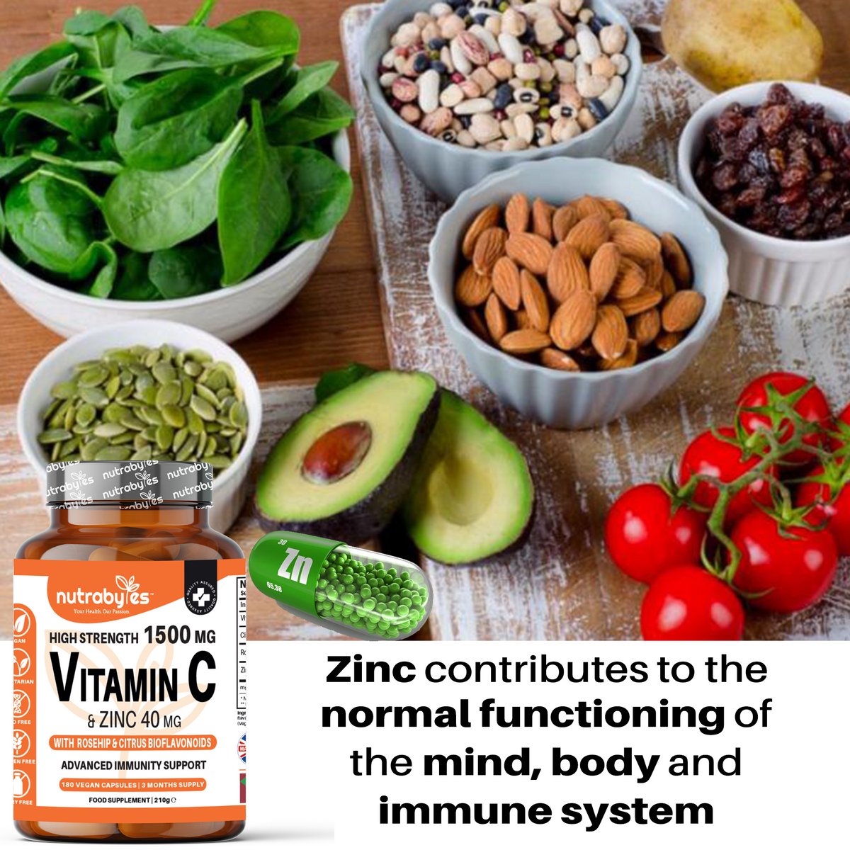 High Strength Vitamin C 1500mg and Zinc 40mg | High Strength Vegan Capsules | Advanced Immunity Support | Sugar Free | 3 Months Supply | Made in the UK NUTRABYTES