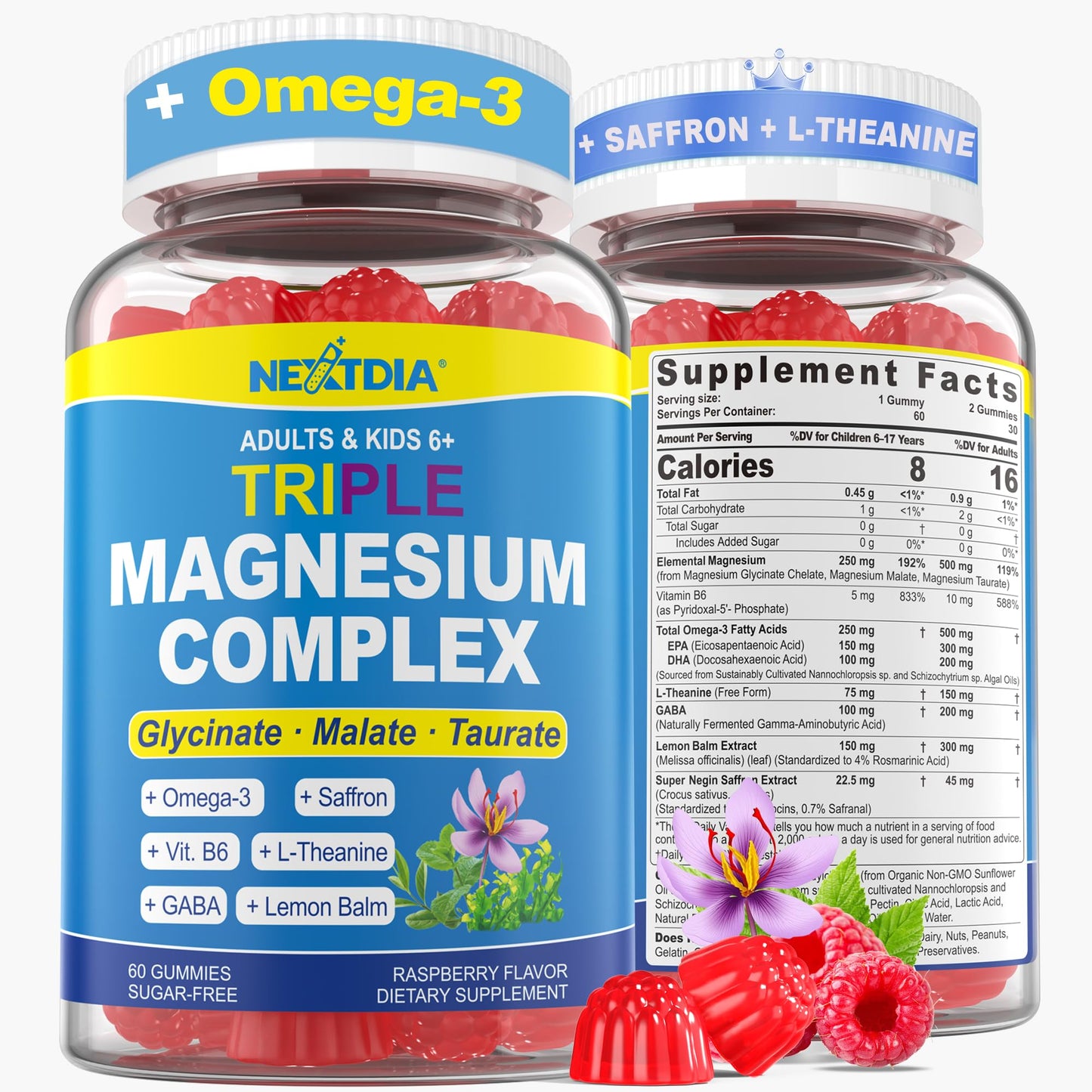 Triple Magnesium Complex Gummies for Adults & Kids 6+ – Sugar Free | Omega-3, Saffron, L-Theanine