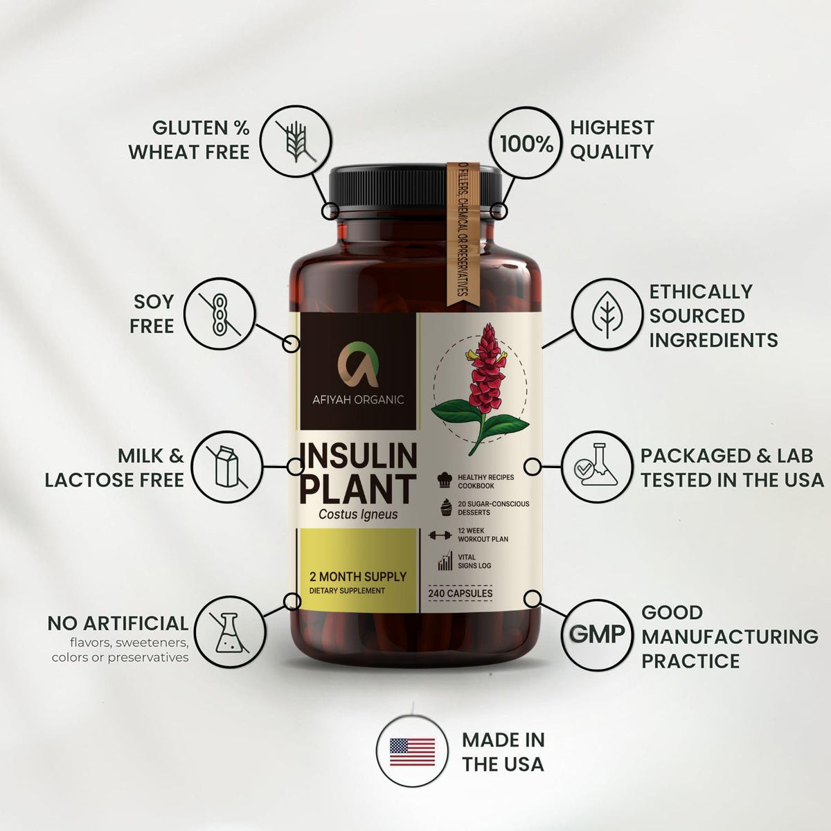 Afiyah Organic Costus Igneus Capsules – Premium Insulin Plant (240 Veggie Capsules) BritishVita | Premium UK Vitamins & Wellness Supplements