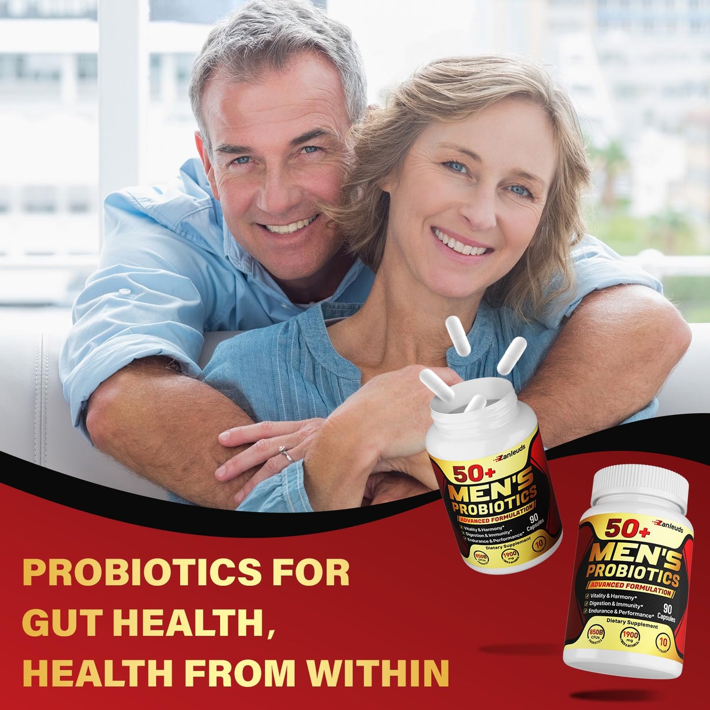 Probiotics for Men 50+ – 850B CFU & 1900mg Prebiotic | Gut Health
