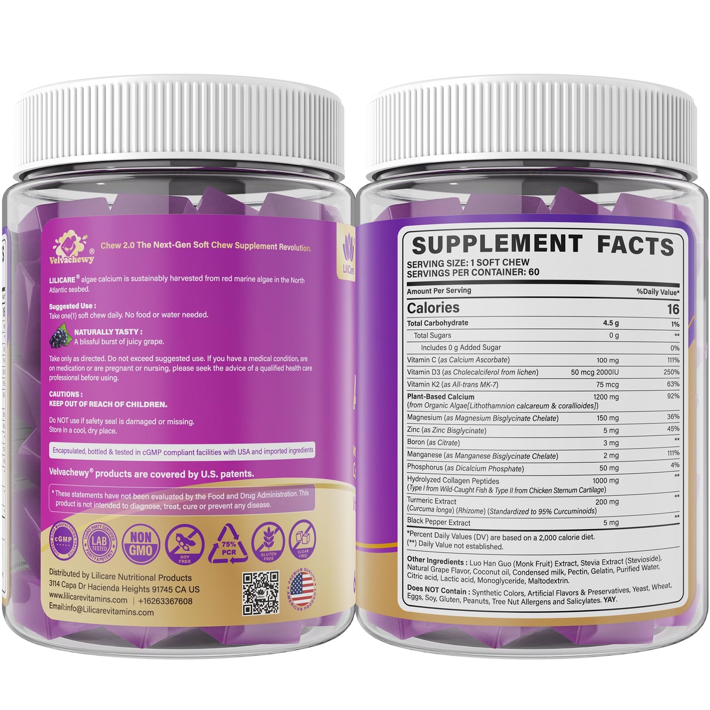 Algae Calcium Soft Chews 1200mg + Collagen | D3/K2 | Plant-Based Calcium Gummies – 60 Count