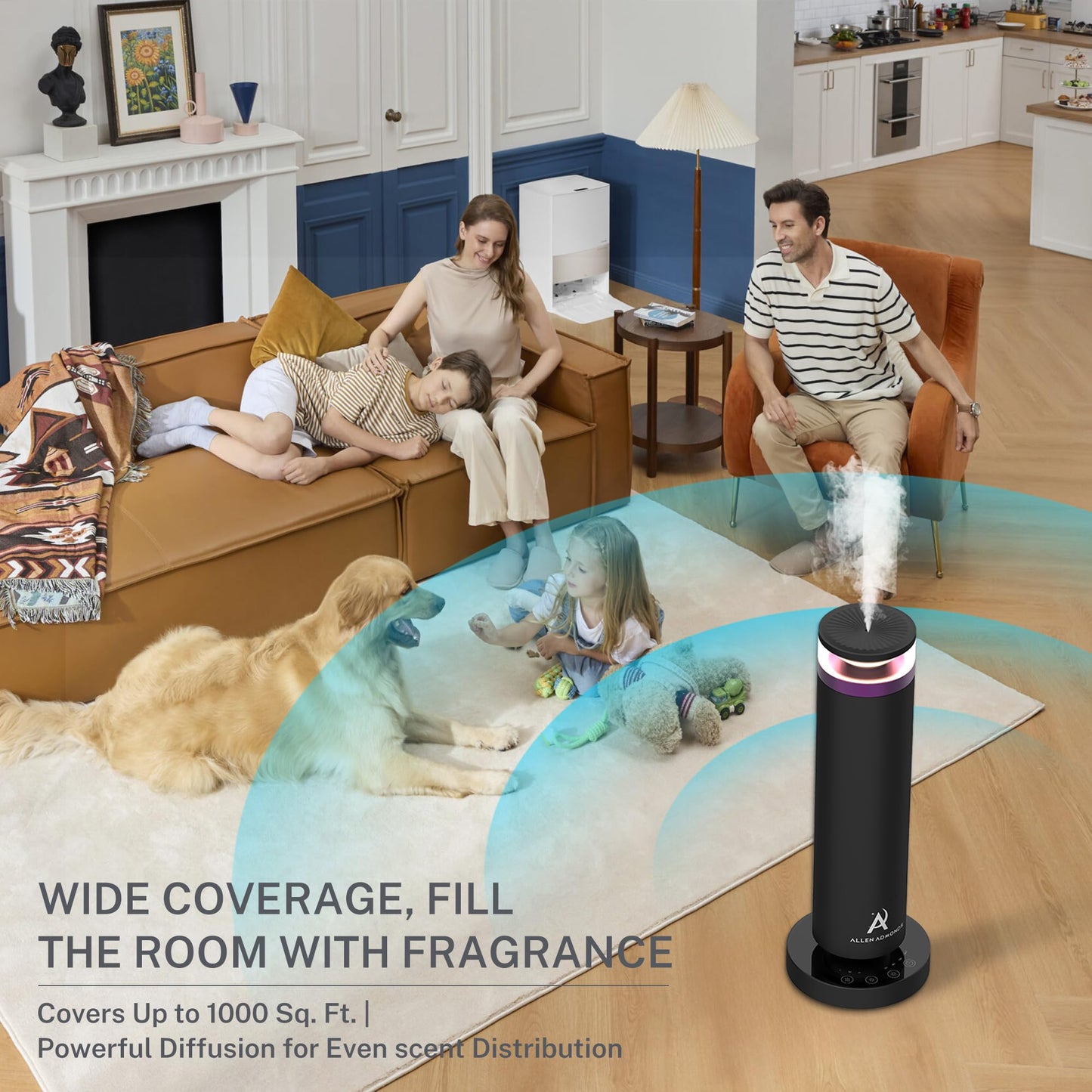 Allen Admonds Waterless Scent Diffuser — Large Room Coverage Up to 1500 Sq Ft, Remote & Touch Control