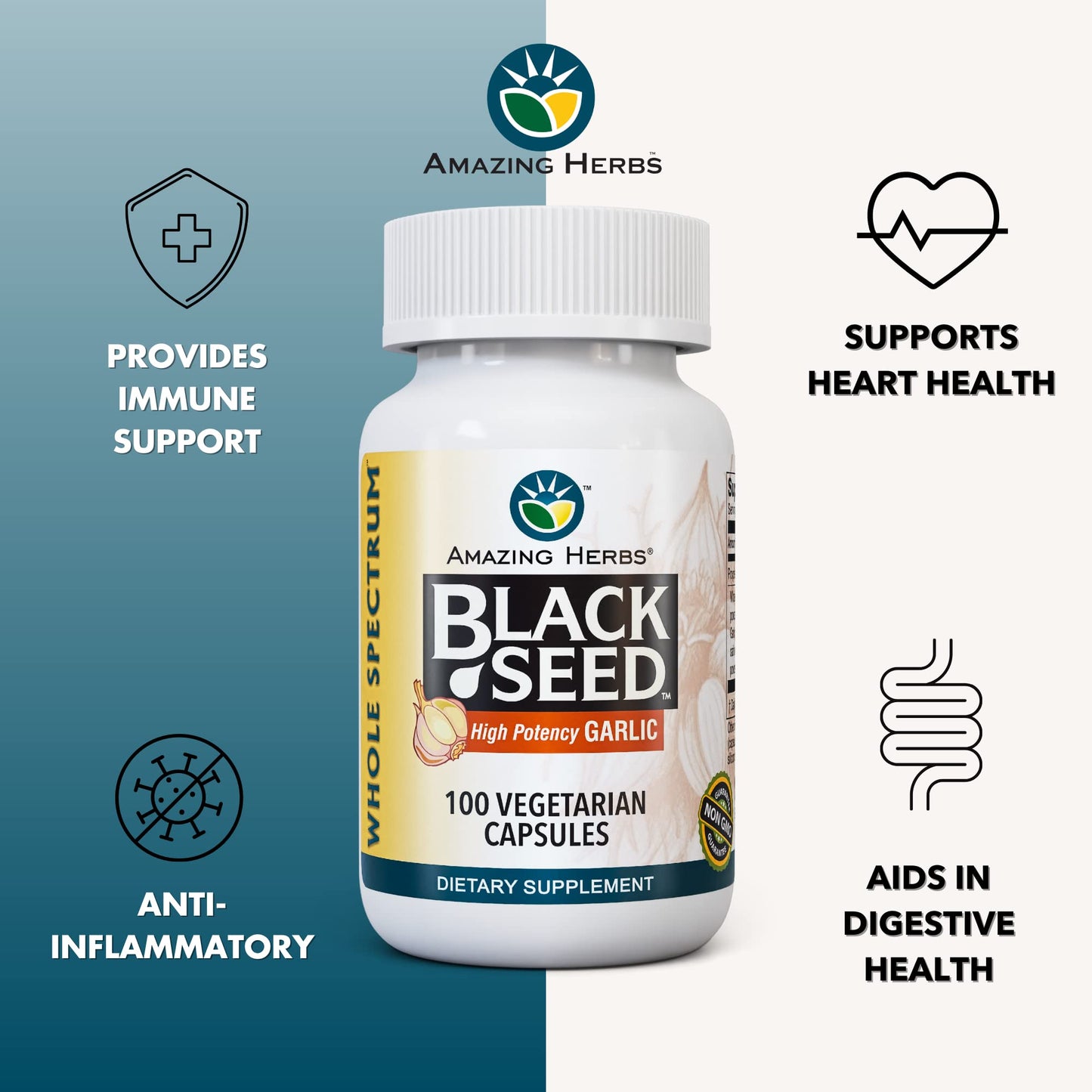 Amazing Herbs Whole Spectrum Black Seed & High Potency Garlic – 100 Count | Gluten-Free, Non-GMO, Vegan