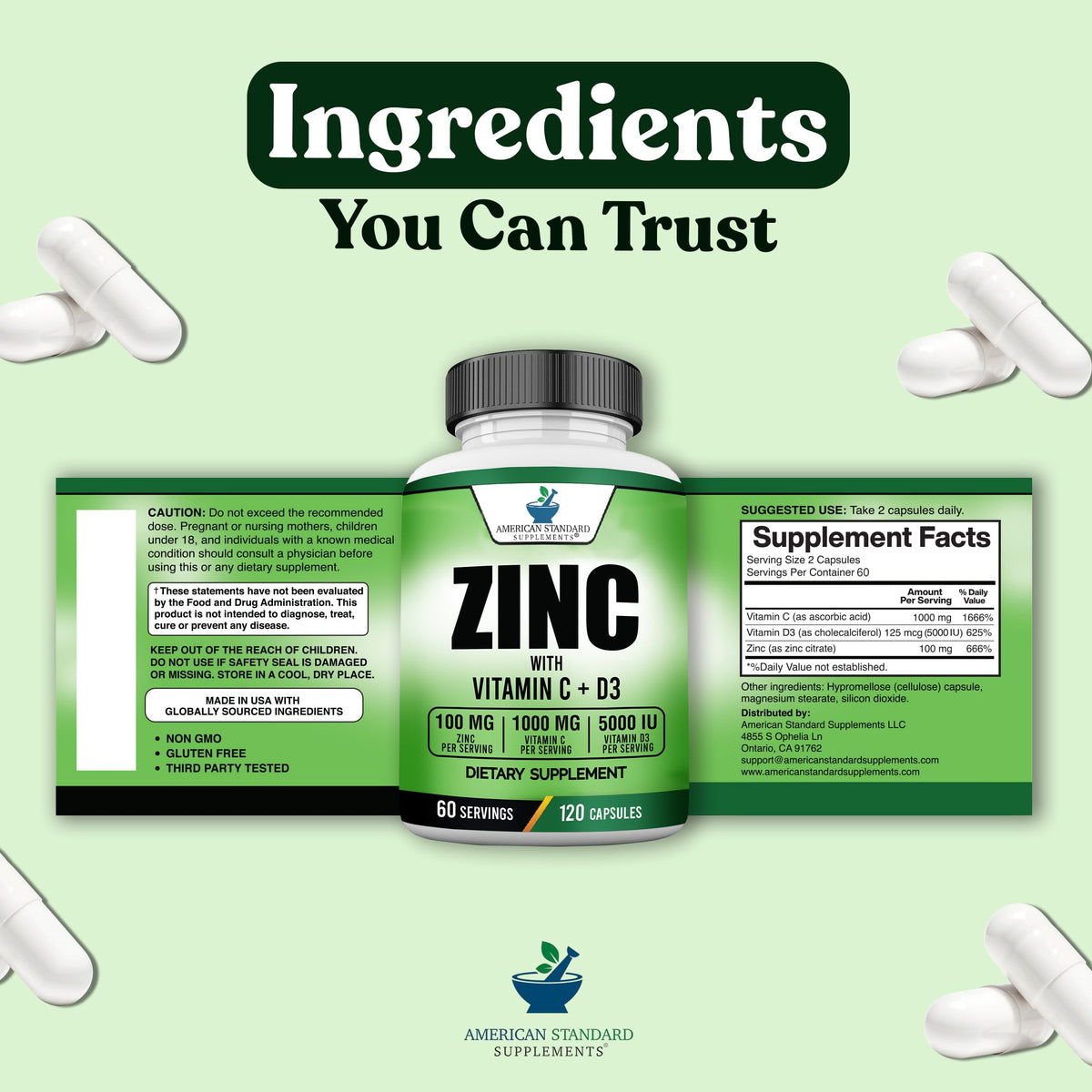 Zinc 100mg + Vitamin C 1000mg + Vitamin D3 5000 IU — 120 Gluten-Free Capsules (60 Servings) | American Standard BritishVita | Premium UK Vitamins & Wellness Supplements