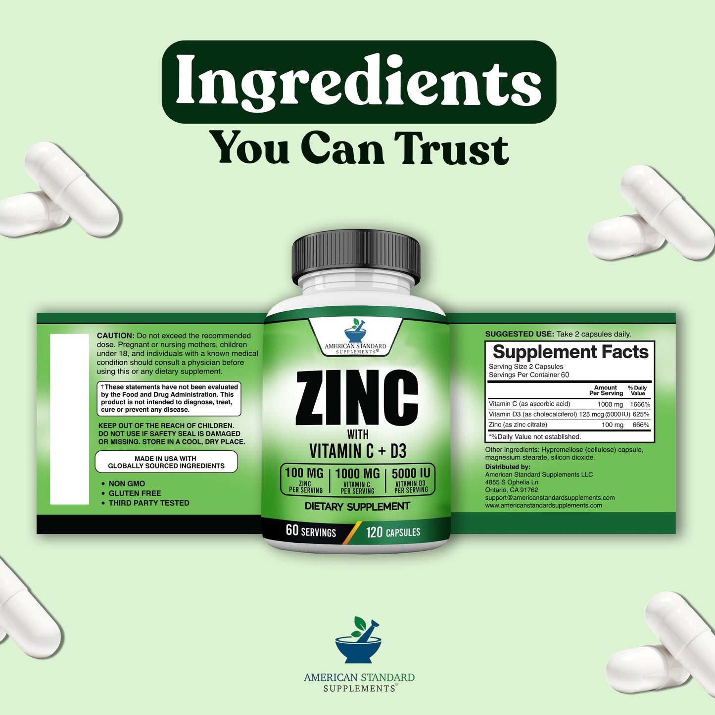 Zinc 100mg + Vitamin C 1000mg + Vitamin D3 5000 IU — 120 Gluten-Free Capsules (60 Servings) | American Standard