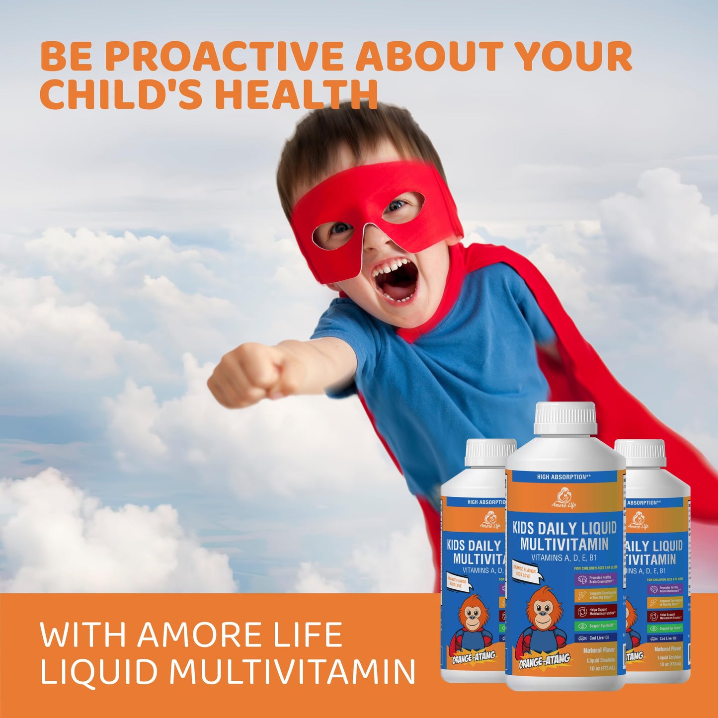 Amore Life Daily Liquid Multivitamin for Kids – Orange Flavor, Cod Liver Oil
