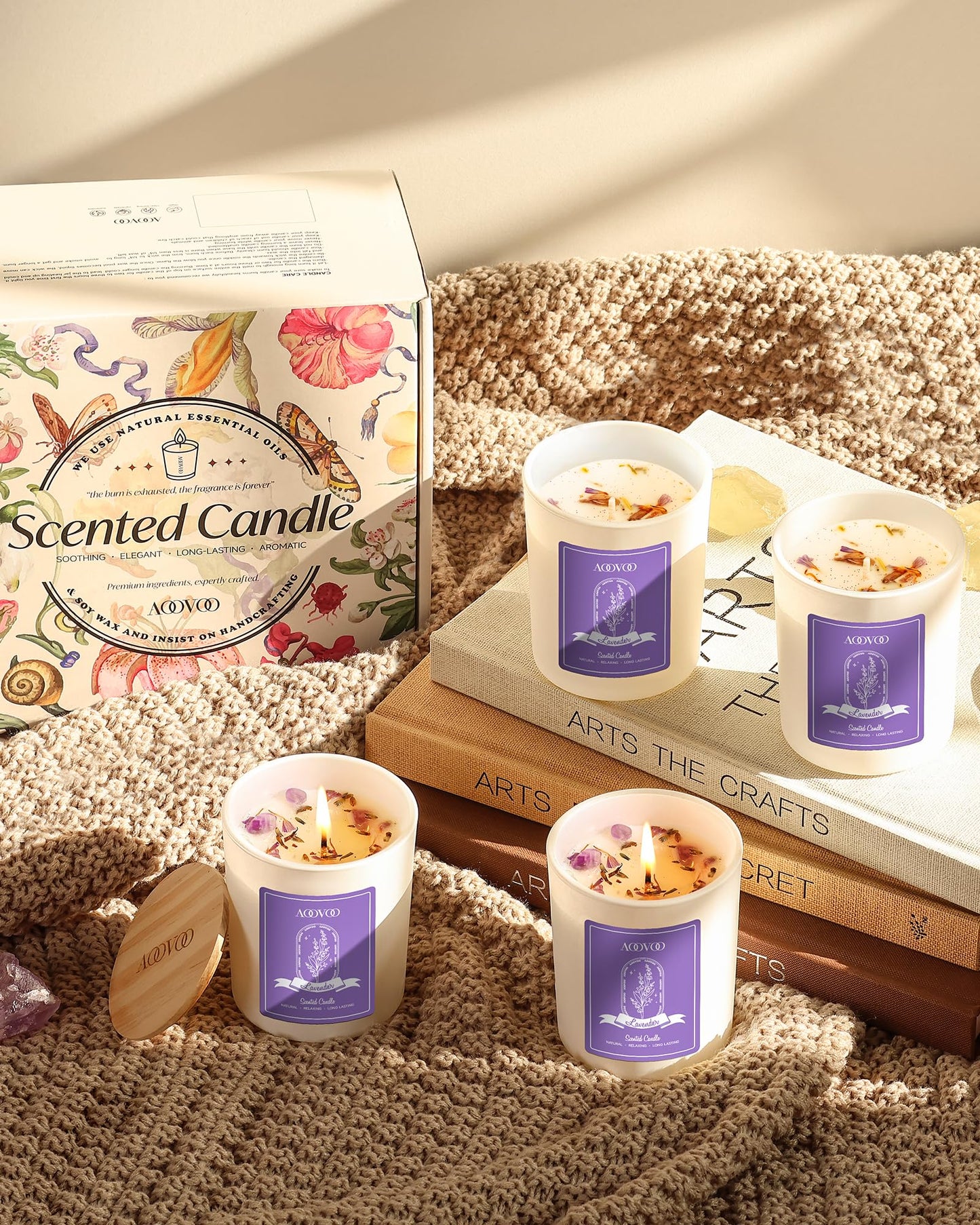 AOOVOO Lavender Candles Set - 4 Pack Aromatherapy Candles with Crystals Inside