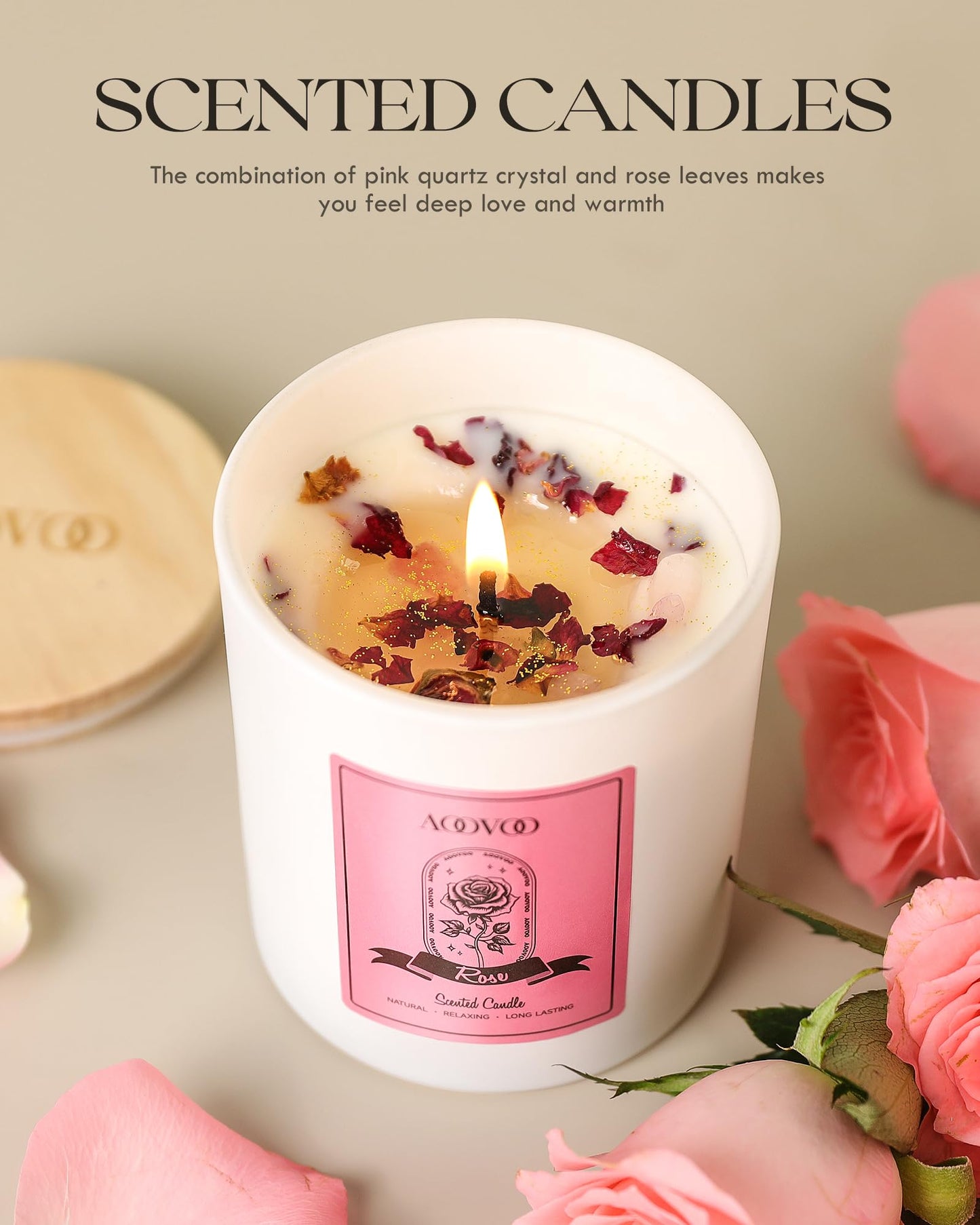 AOOVOO Rose Scented Candle for Women - 10oz Soy + Crystals Inside