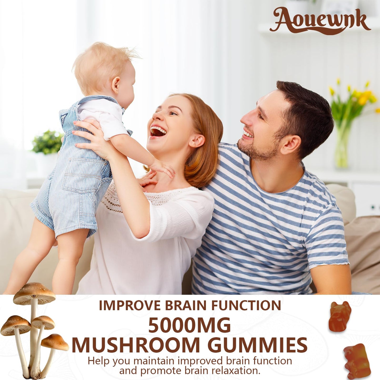 Aouewnk 2-Pack 5000MG Mushroom Gummies – 10-in-1 Brain & Immune Support