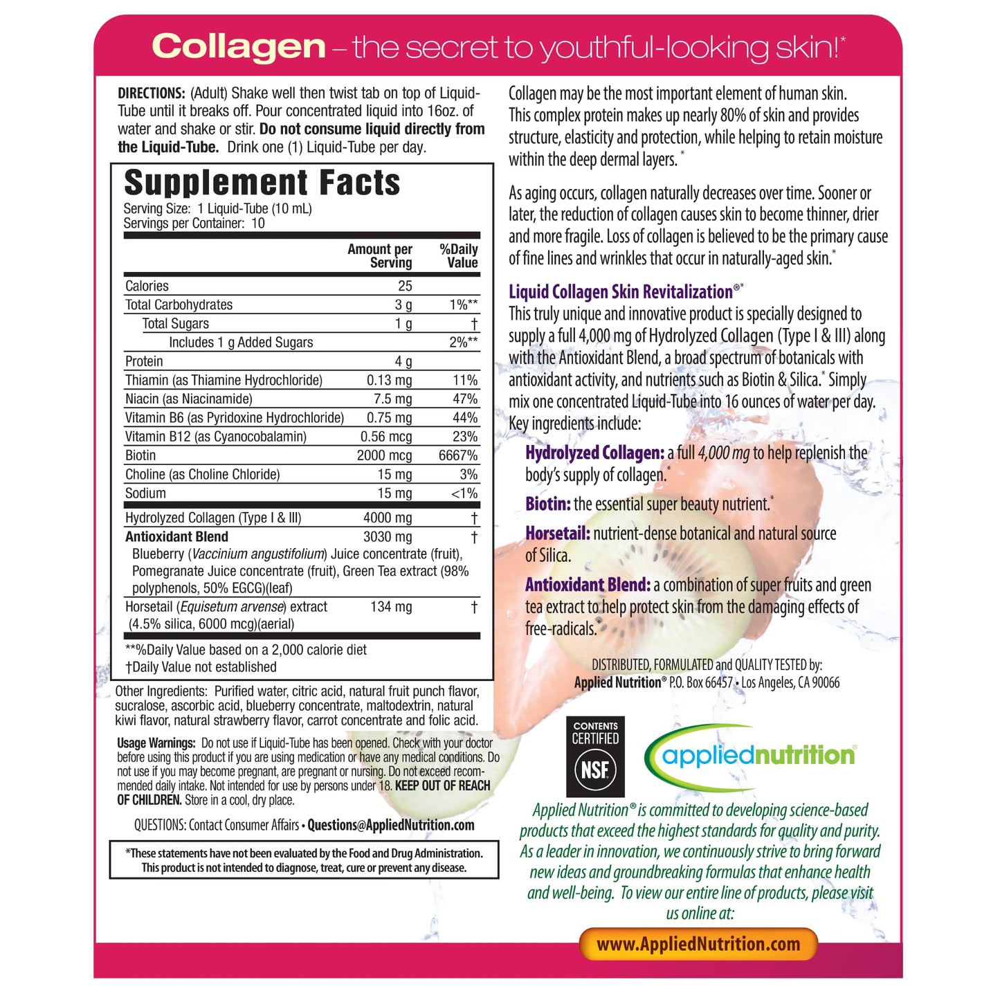 Applied Nutrition Liquid Collagen Skin Revitalization – 2x10 Tubes (Tropical Strawberry Kiwi)