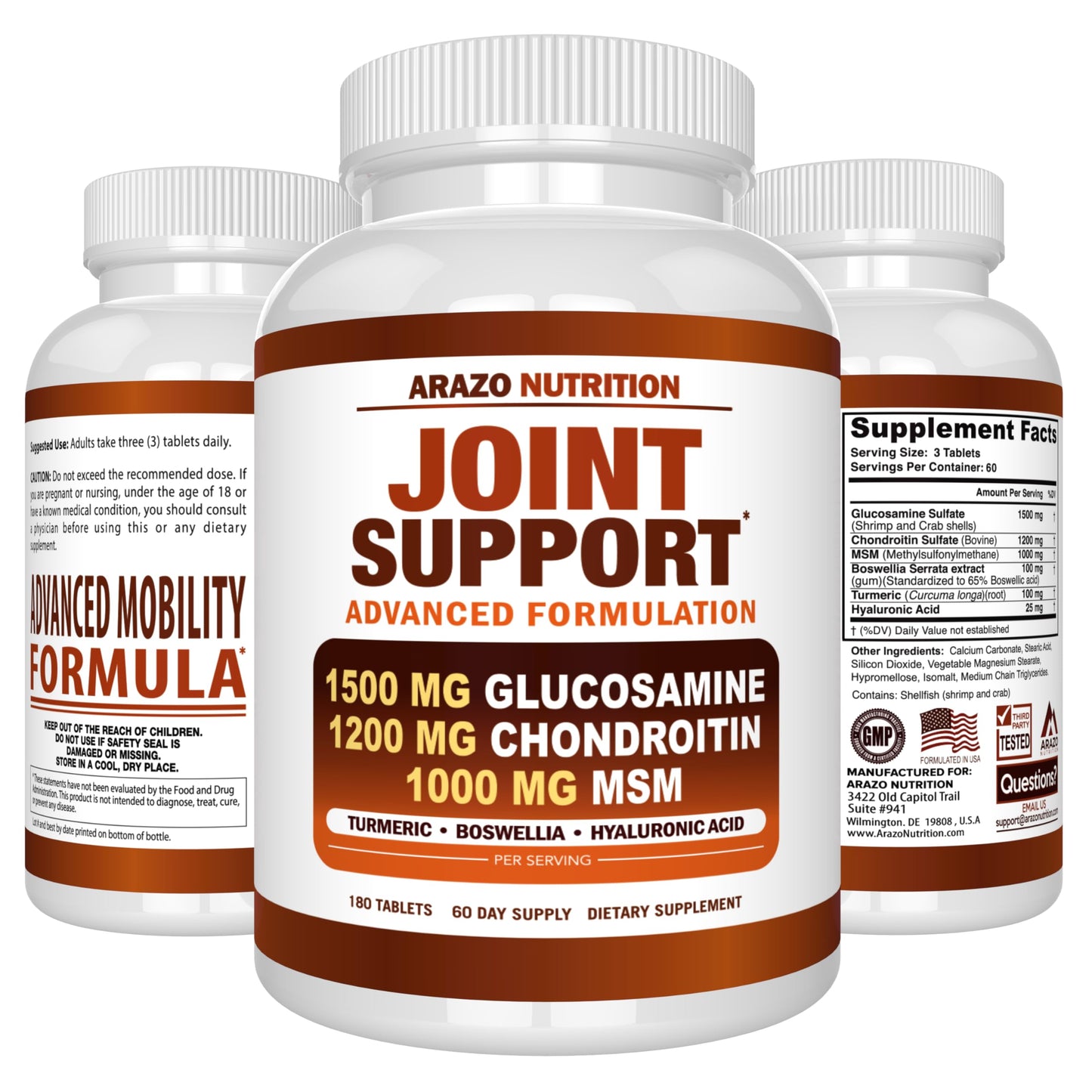 Arazo Nutrition Glucosamine Chondroitin Turmeric MSM Boswellia – Joint Support Supplement (180 Tablets)