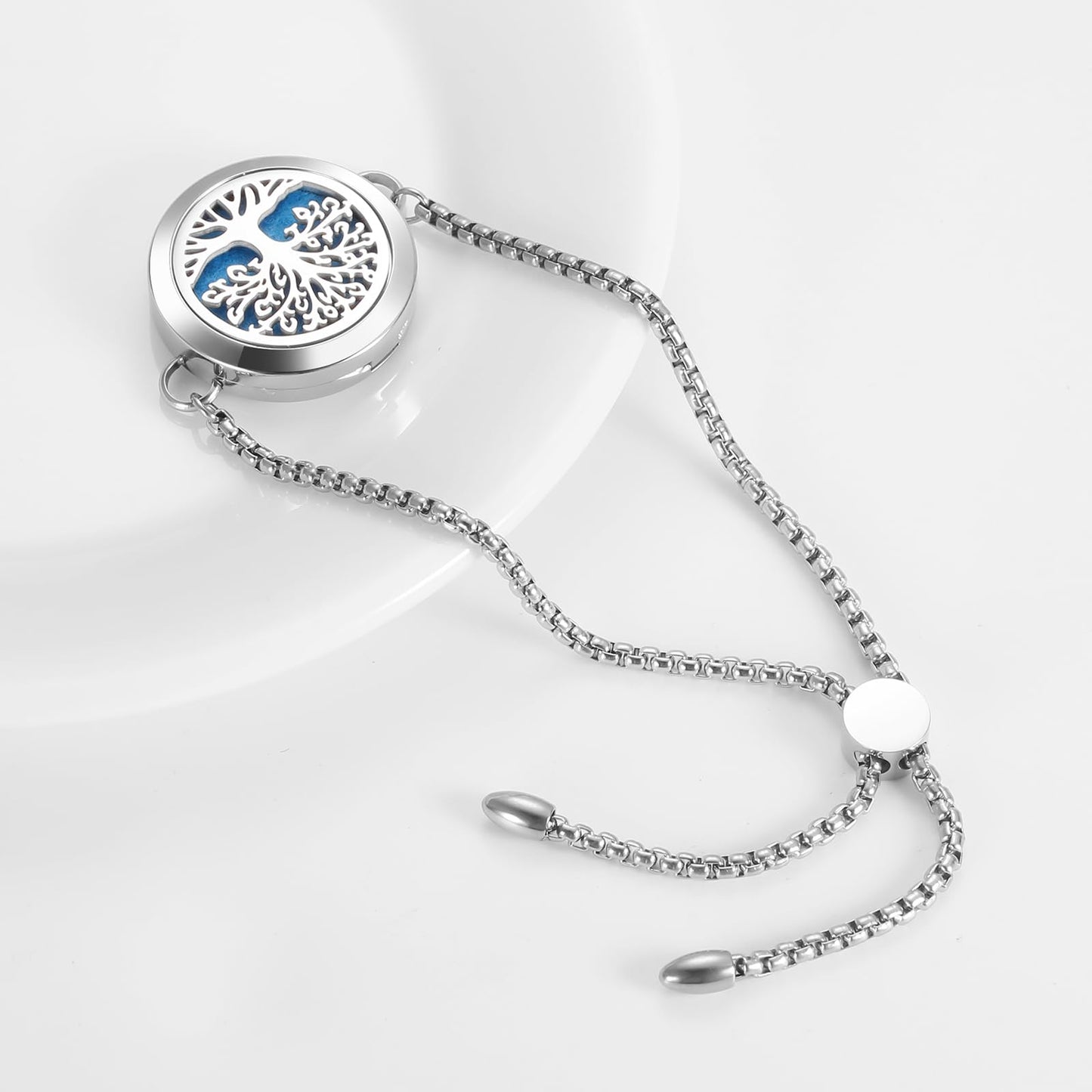 Aromatherapy Essential Oil Diffuser Bracelet | Tree of Life Locket, Adjustable Silver Chain