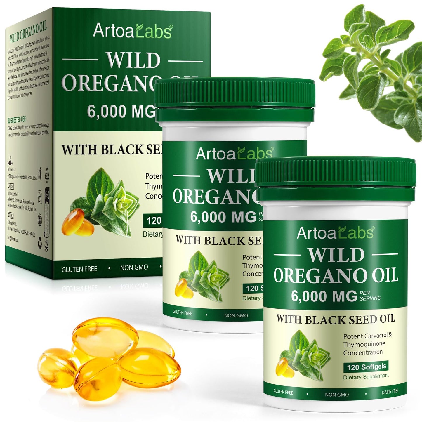 Artoalabs Oil of Oregano Softgels - 2 Pack (6000mg) with Black Seed Oil | Immune Support | Dairy-Free | Non-GMO | 240 Count
