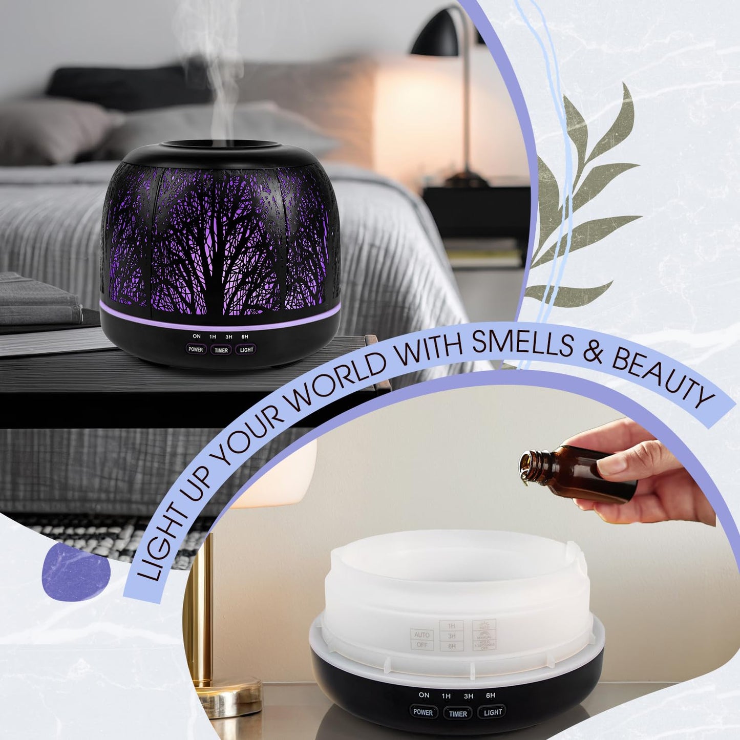 ARVIDSSON 500ml Essential Oil Diffuser – Metal Diffuser for Large Rooms, 7-Color Mood Light, Auto Shut-Off, Timer, Gift for Women – Black Tree