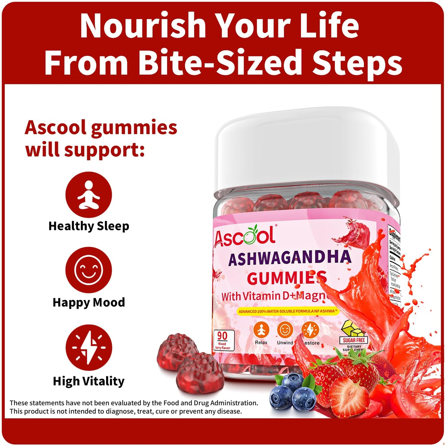 Ascool Sugar-Free Vegan Ashwagandha Gummies – Water-Soluble Root Extract + Vitamin D & Magnesium
