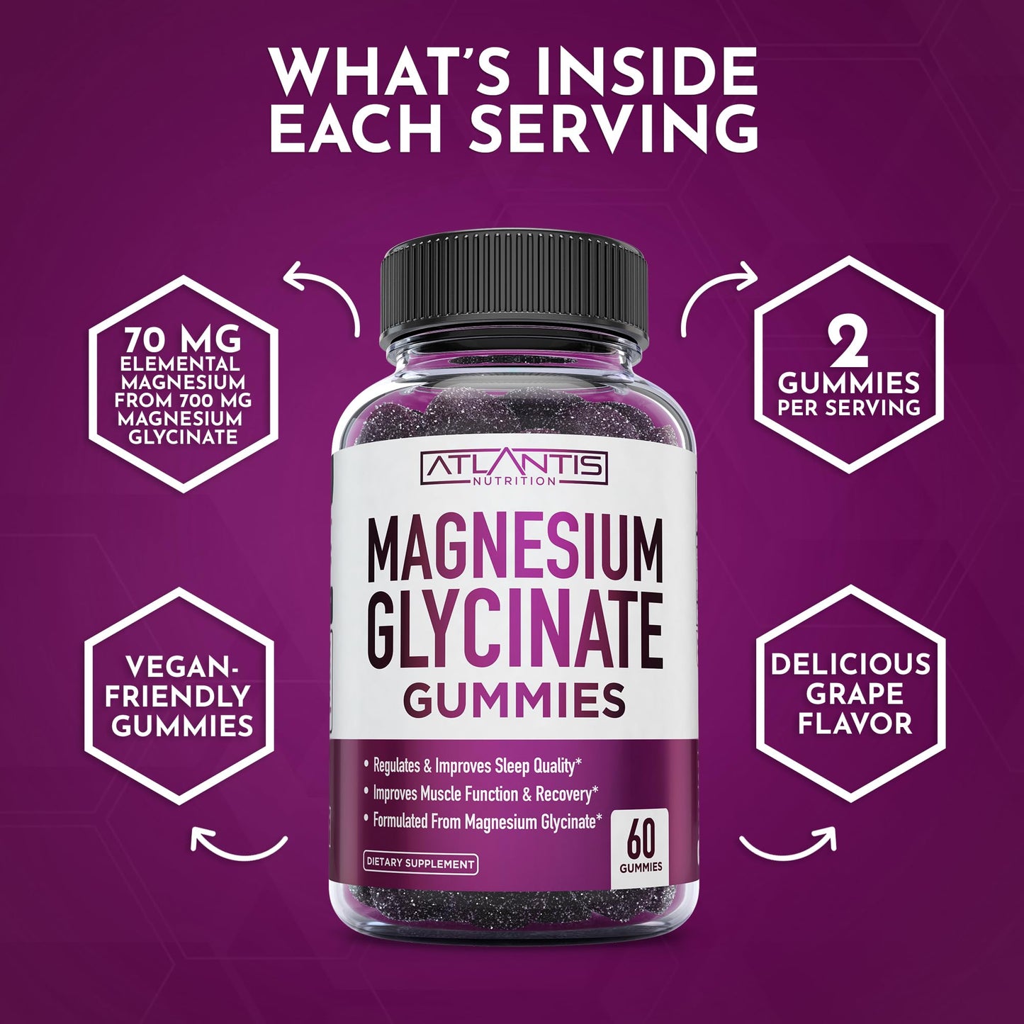Atlantis Nutrition Magnesium Glycinate Gummies 700mg – Vegan Magnesium Glycinate for Kids & Adults | Sleep & Muscle Support | 60 Count