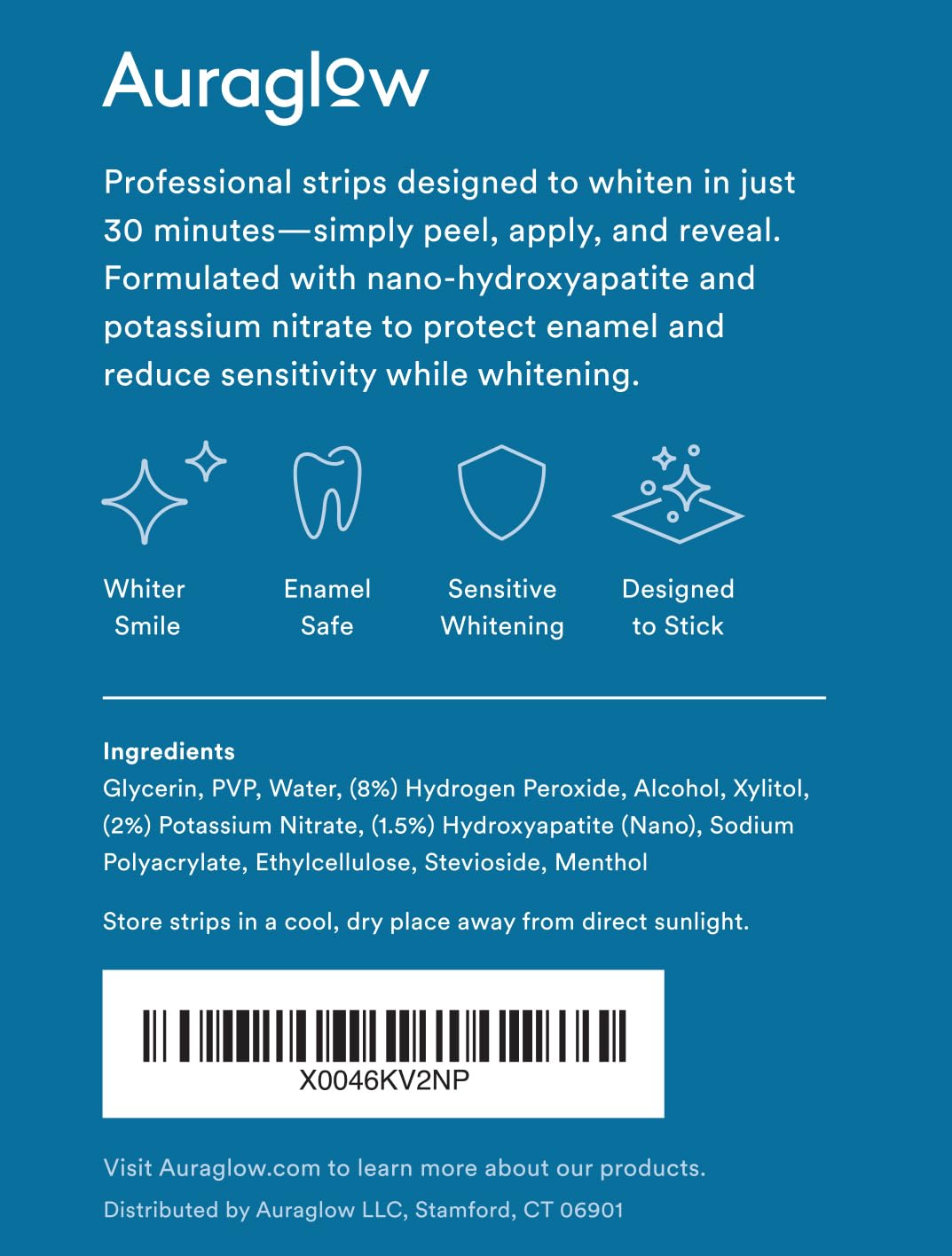 Auraglow Teeth Whitening Strips – 8% Hydrogen Peroxide, Nano-Hydroxyapatite, Sensitive Formula, 28 Strips (14 Treatments) – Mint