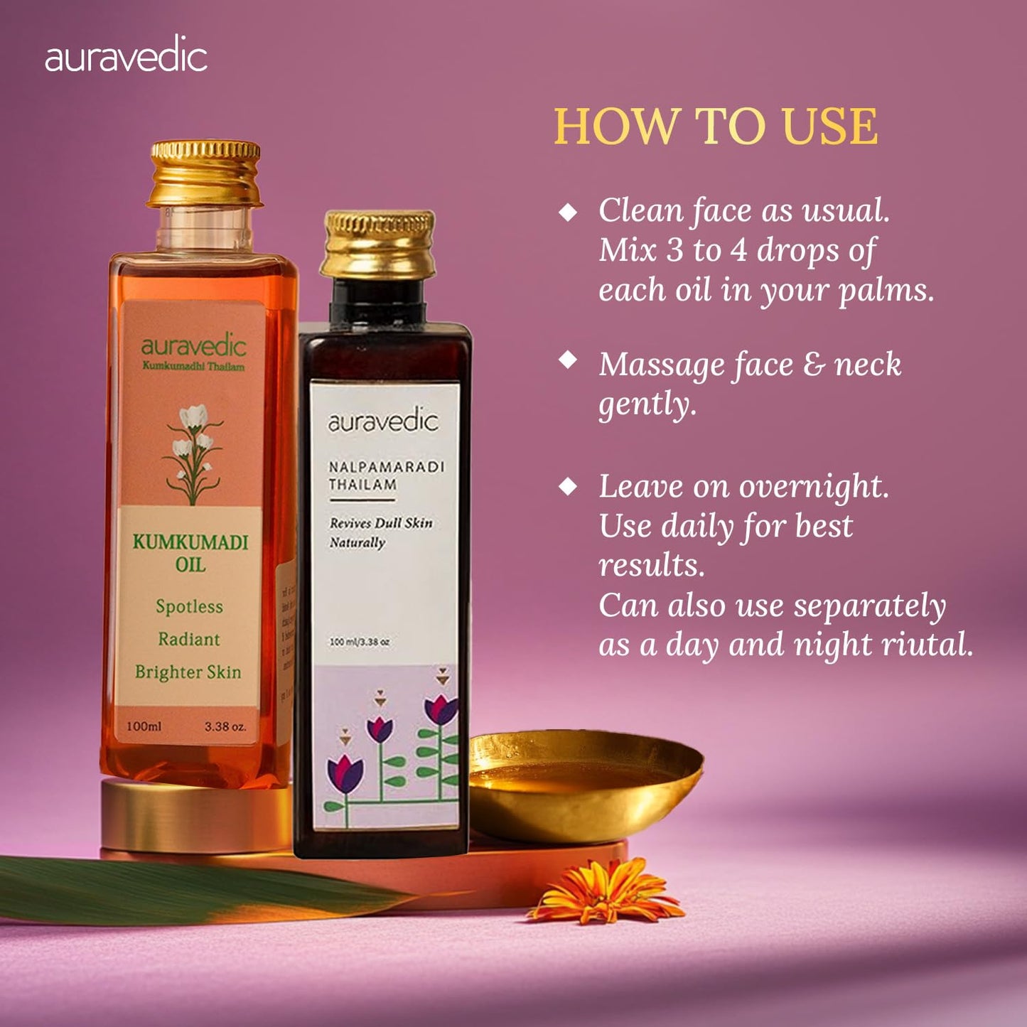 Auravedic Kumkumadi & Nalpamaradi Thailam Combo – Ayurvedic Face & Body Oil (3.38 oz, Pack of 2)
