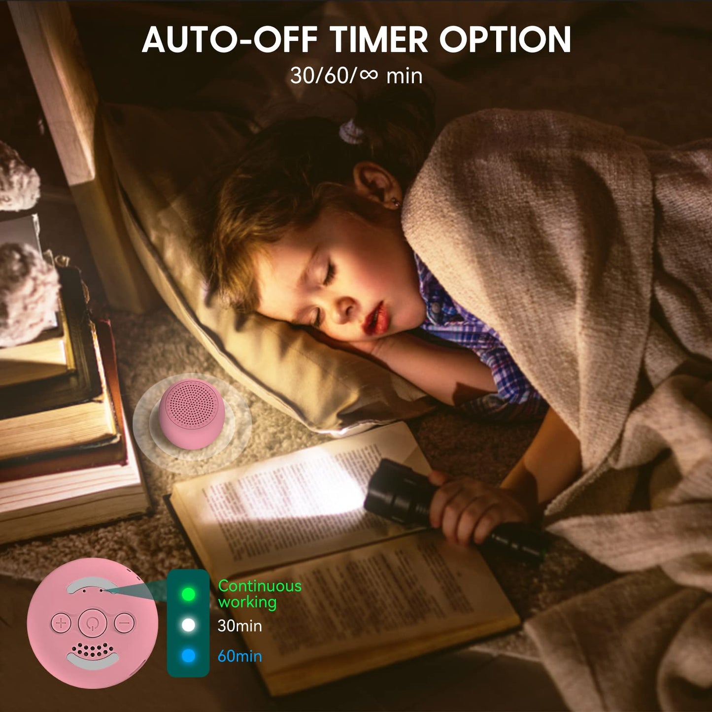 BABELIO Pocket White Noise Sound Machine – 15 Non-Looping Sounds, Timer, Memory Function, Pink