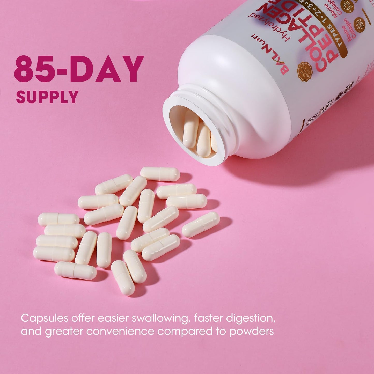 BALNUTRI Collagen Peptide + Hyaluronic Acid – Multi-Collagen Complex for Skin, Hair, Nails & Joints | 255 Capsules