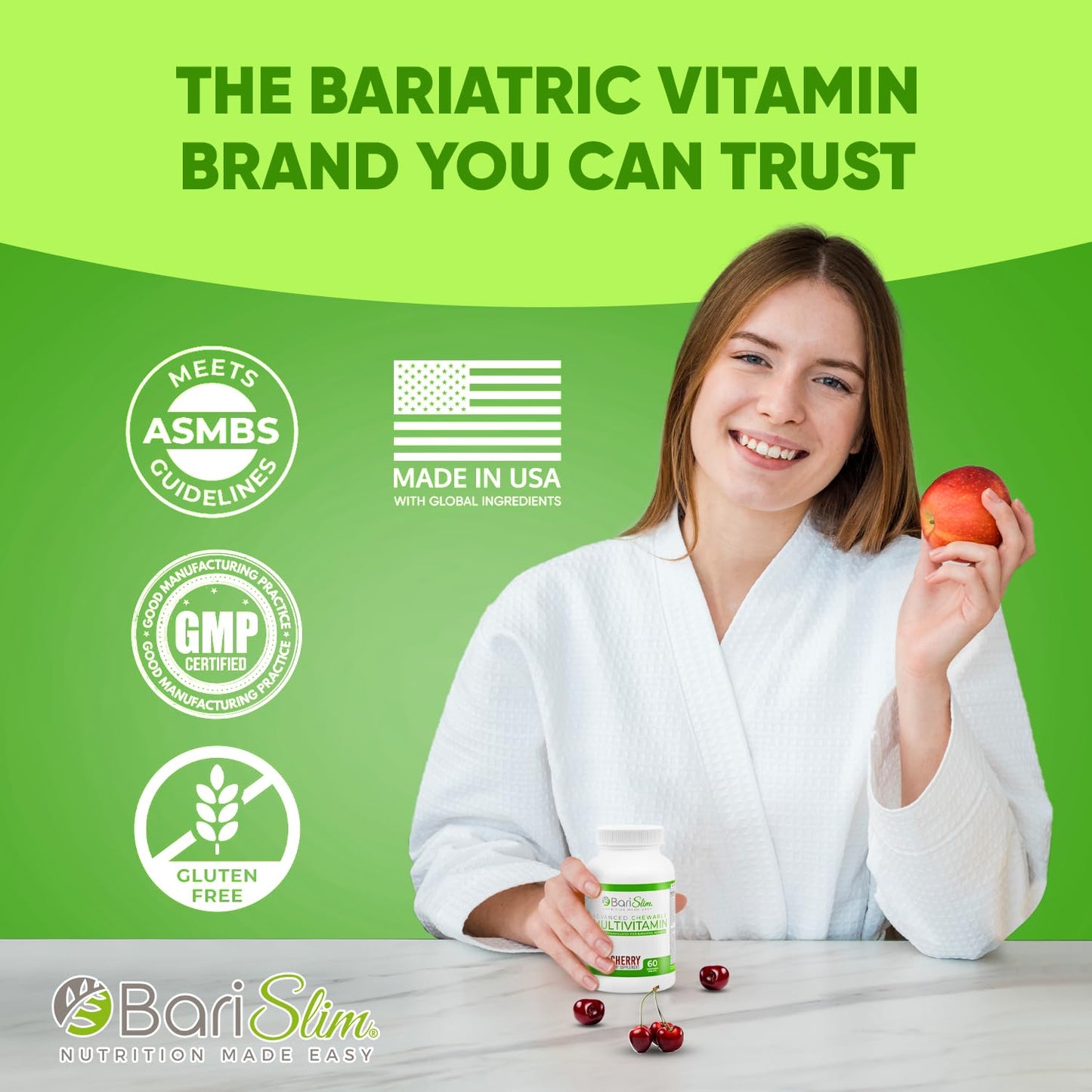 BariSlim Advanced Chewable Bariatric Multivitamins – Post-Surgery Nutrition (Wild Cherry, 60 Count)