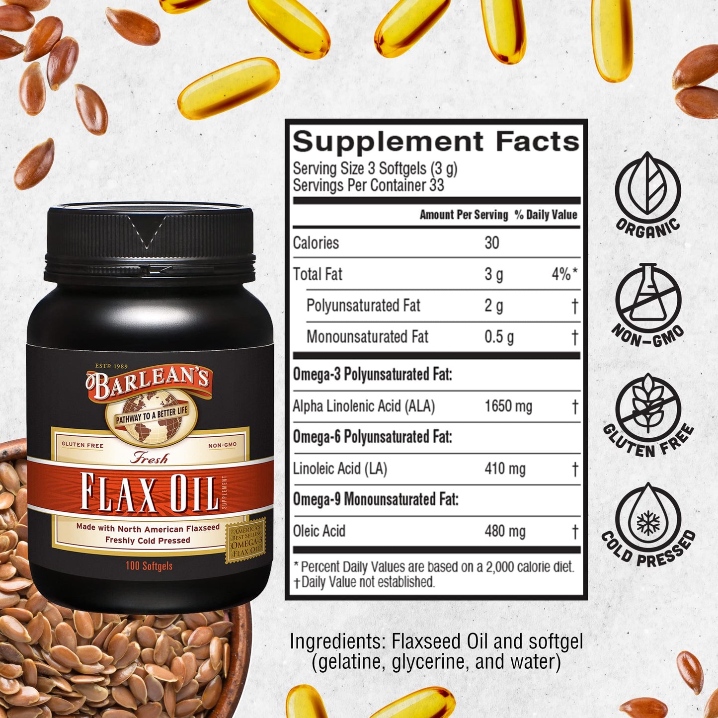 Barlean's Omega 3 6 9 Flaxseed Oil Softgels – 1650 mg ALA, 100 Count
