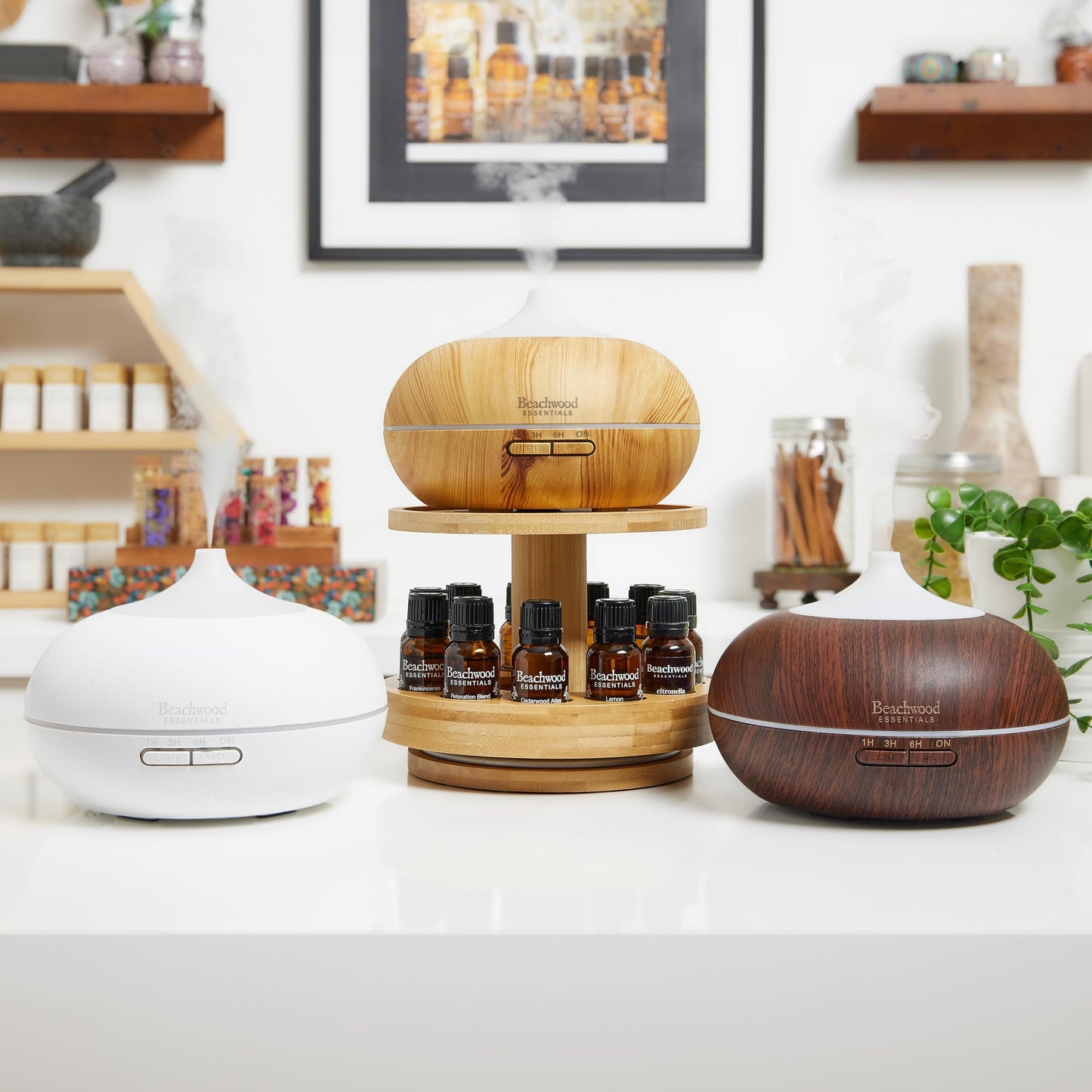 Beachwood Essentials Ultrasonic Aromatherapy Diffuser 300mL – Therapeutic Grade, 16 Hours, 3-Timer, 7 Ambient Lights – White
