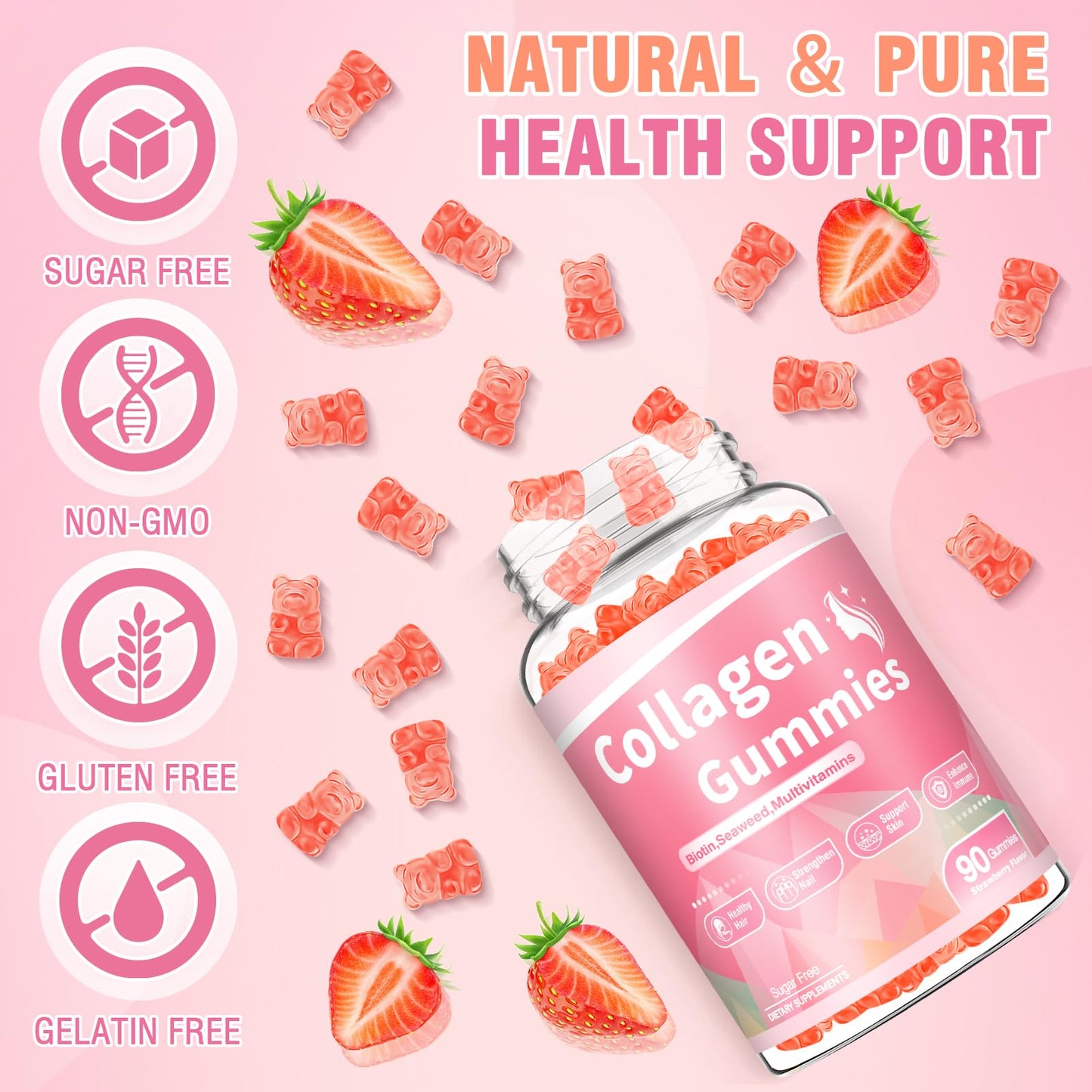 180 Count Collagen Gummies 2500mg – Biotin, Keratin, Hyaluronic Acid, Strawberry