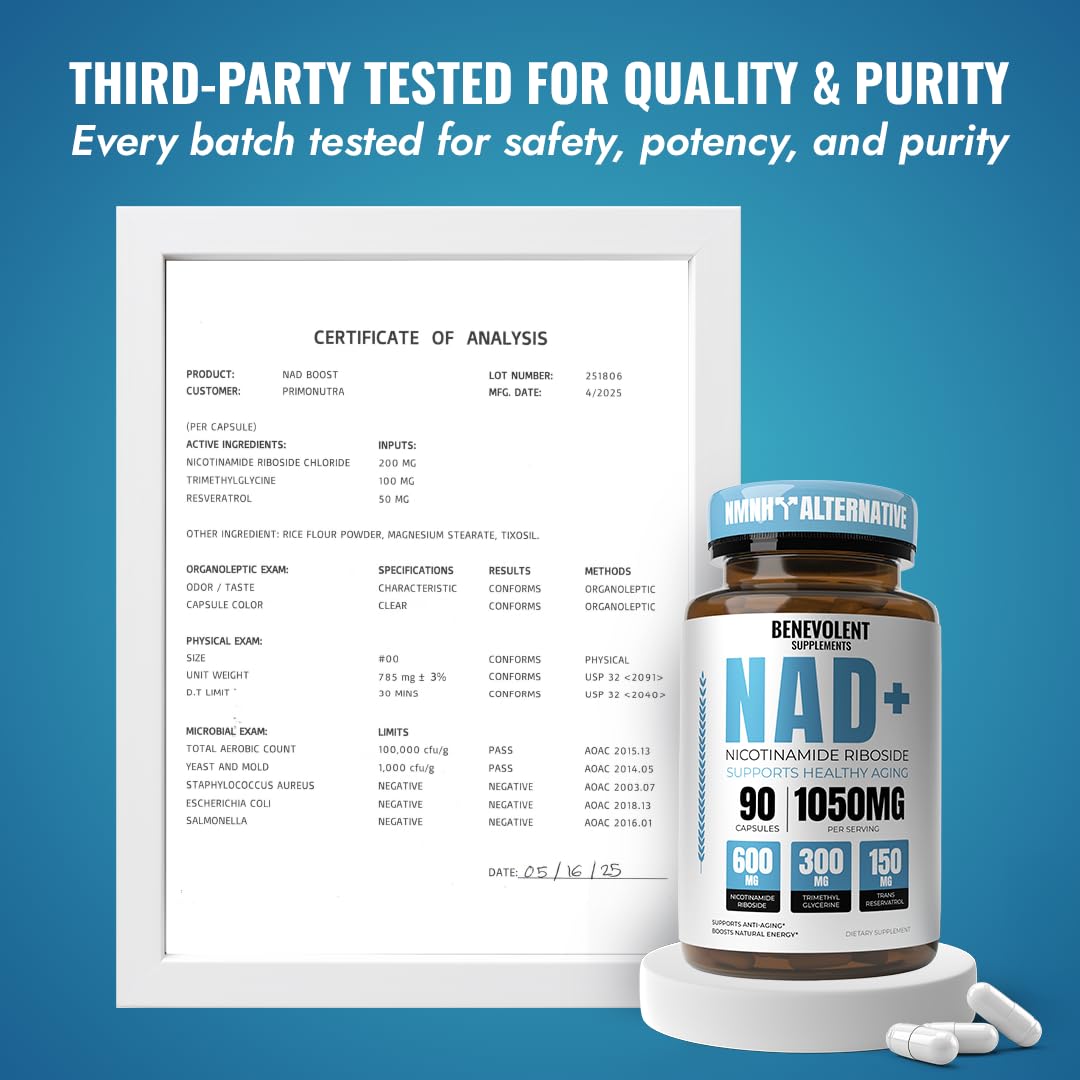 Benevolent NAD+ Supplement 1050mg | 3-in-1 NAD+ for Energy, Brain & Aging | 90 Caps