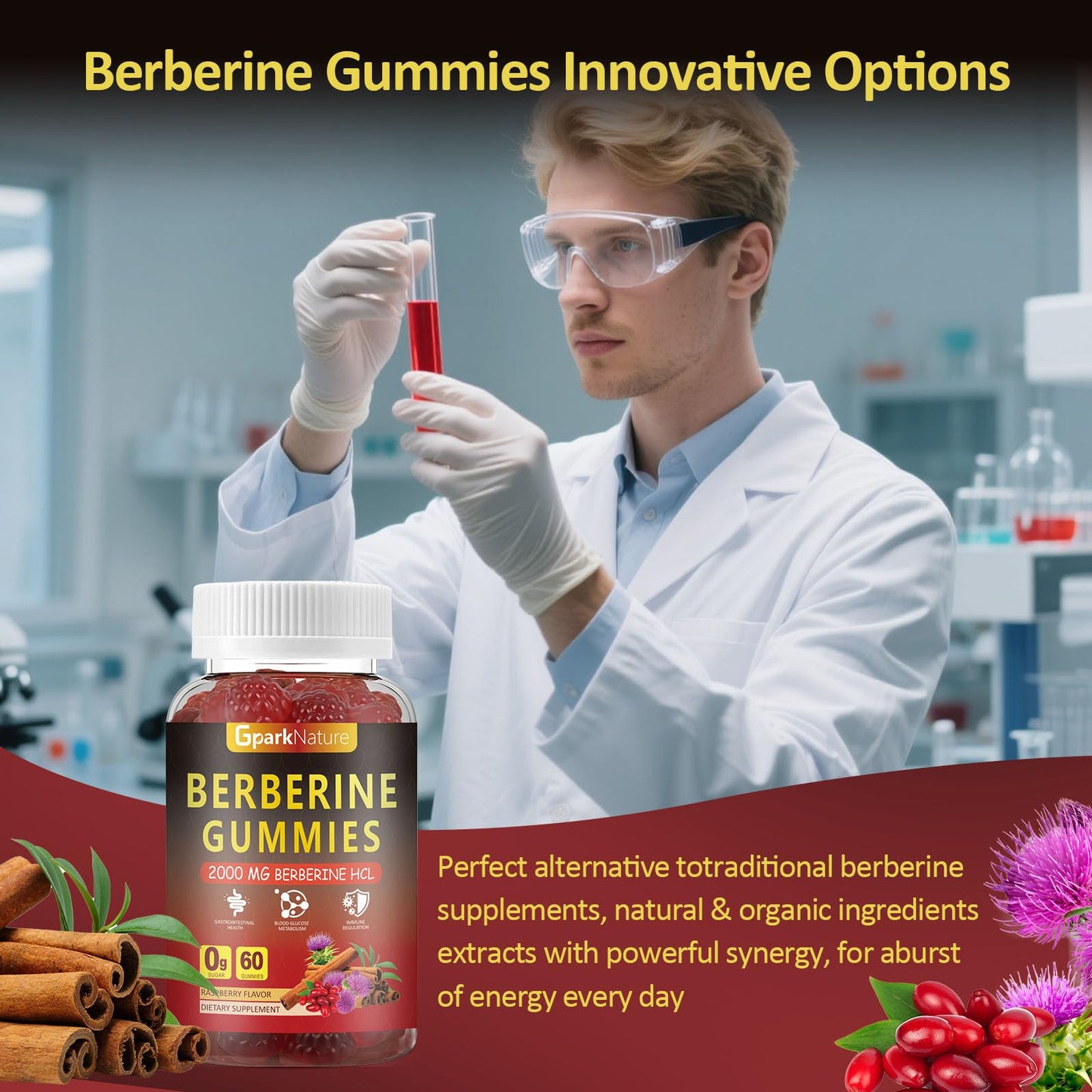 Berberine Gummies 2000 mg, Berberine Supplement with Ceylon Cinnamon, Turmeric, Milk Thistle, Magnesium, Chromium for Immune Support, Sugar Free, Vegan, Raspberry Flavor, 60 Count-1 Pack